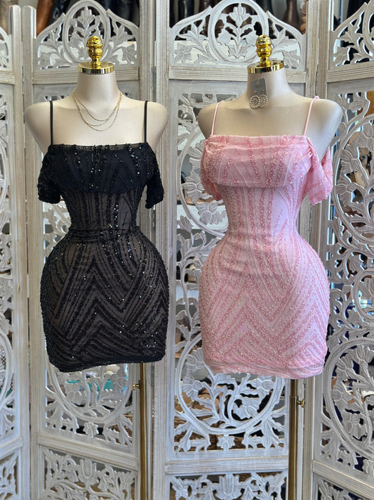 Rhinestone Pattern Off Shoulder Mini Dress - Estira, Stretchy