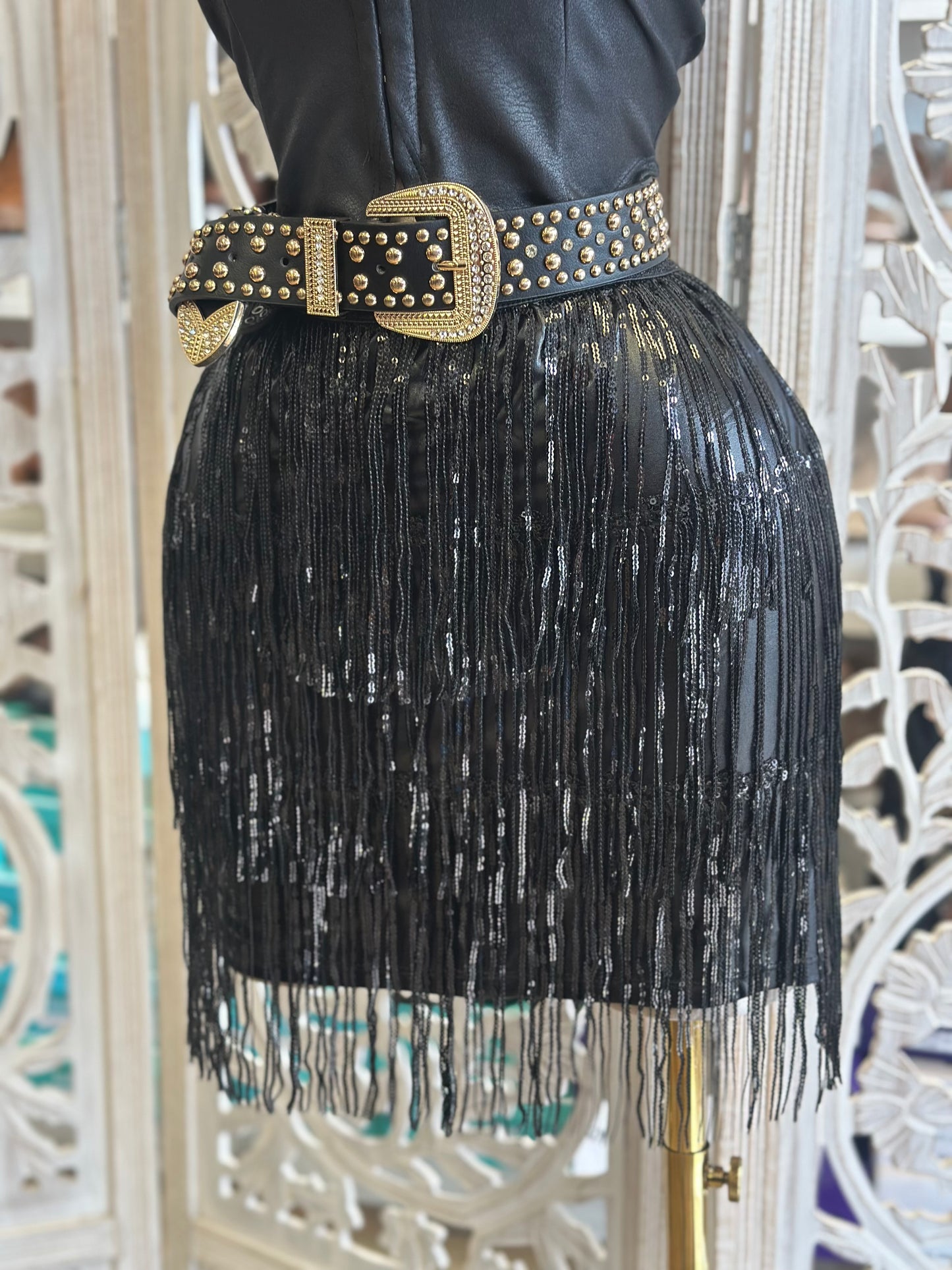 Sequin Black Fringe Mini Skirt-Estira, Stretchy