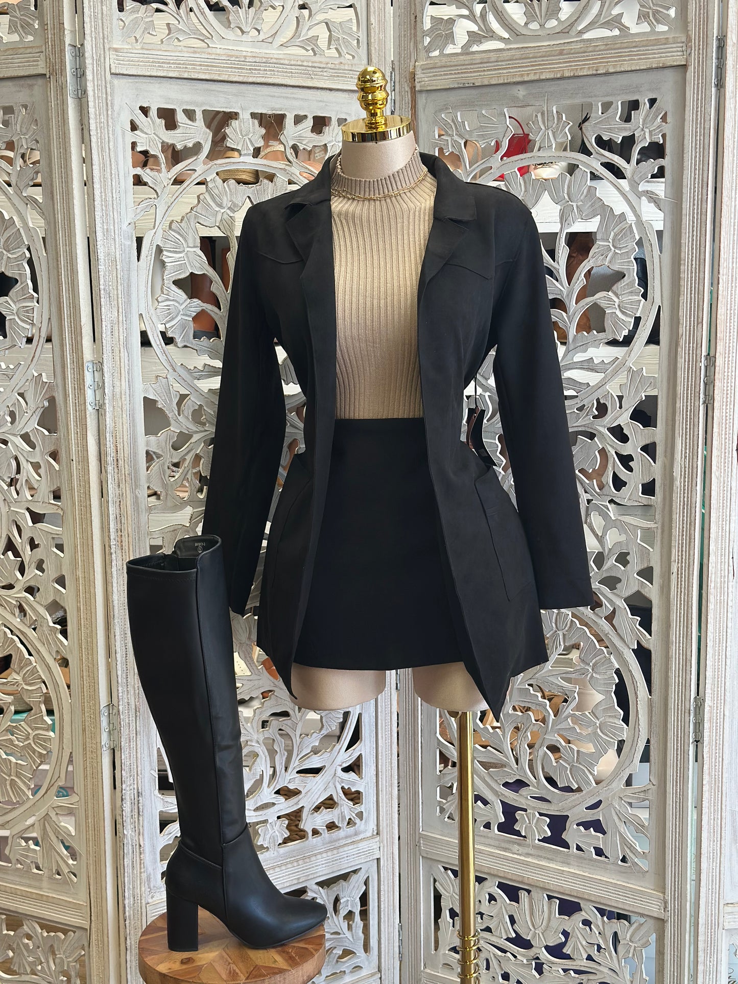 Black Suede Pocketed Midsize Coat