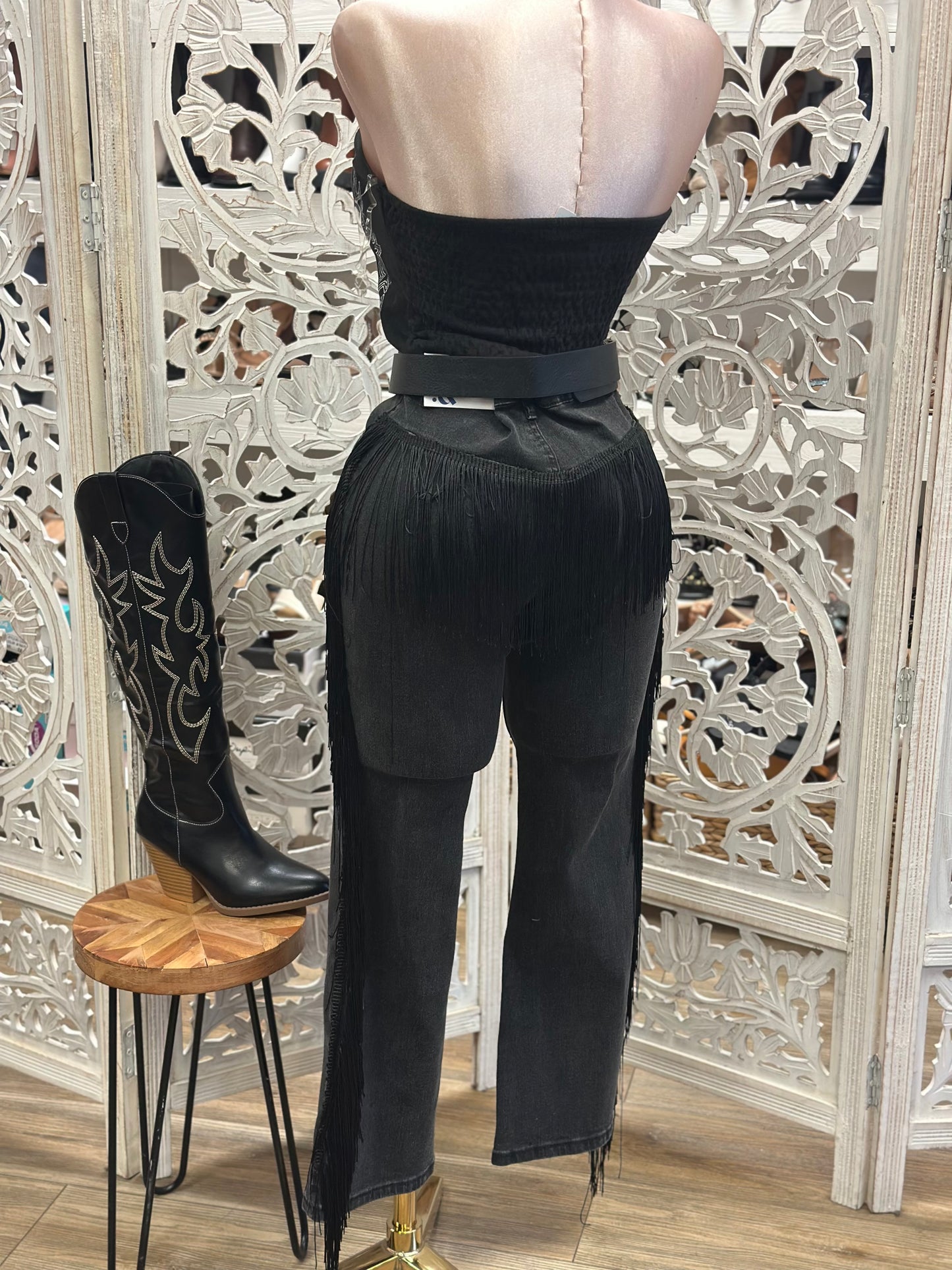 Black Fringe Washed Jeans - Stretchy, Estira