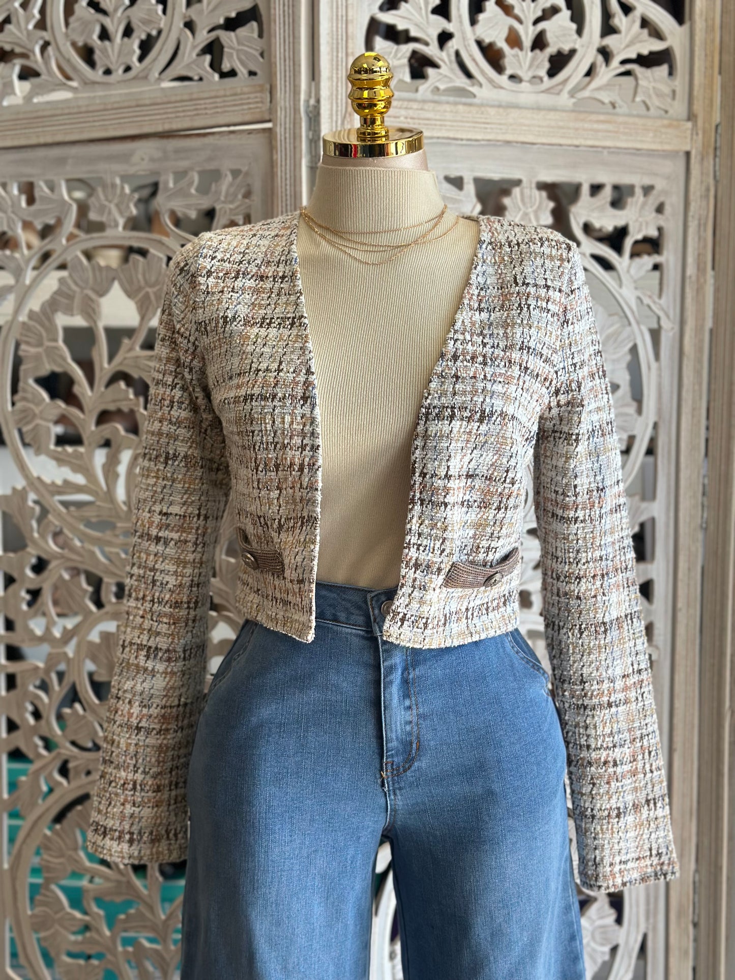 Houndstooth Beige Pattern Blazer- Estira, Stretchy