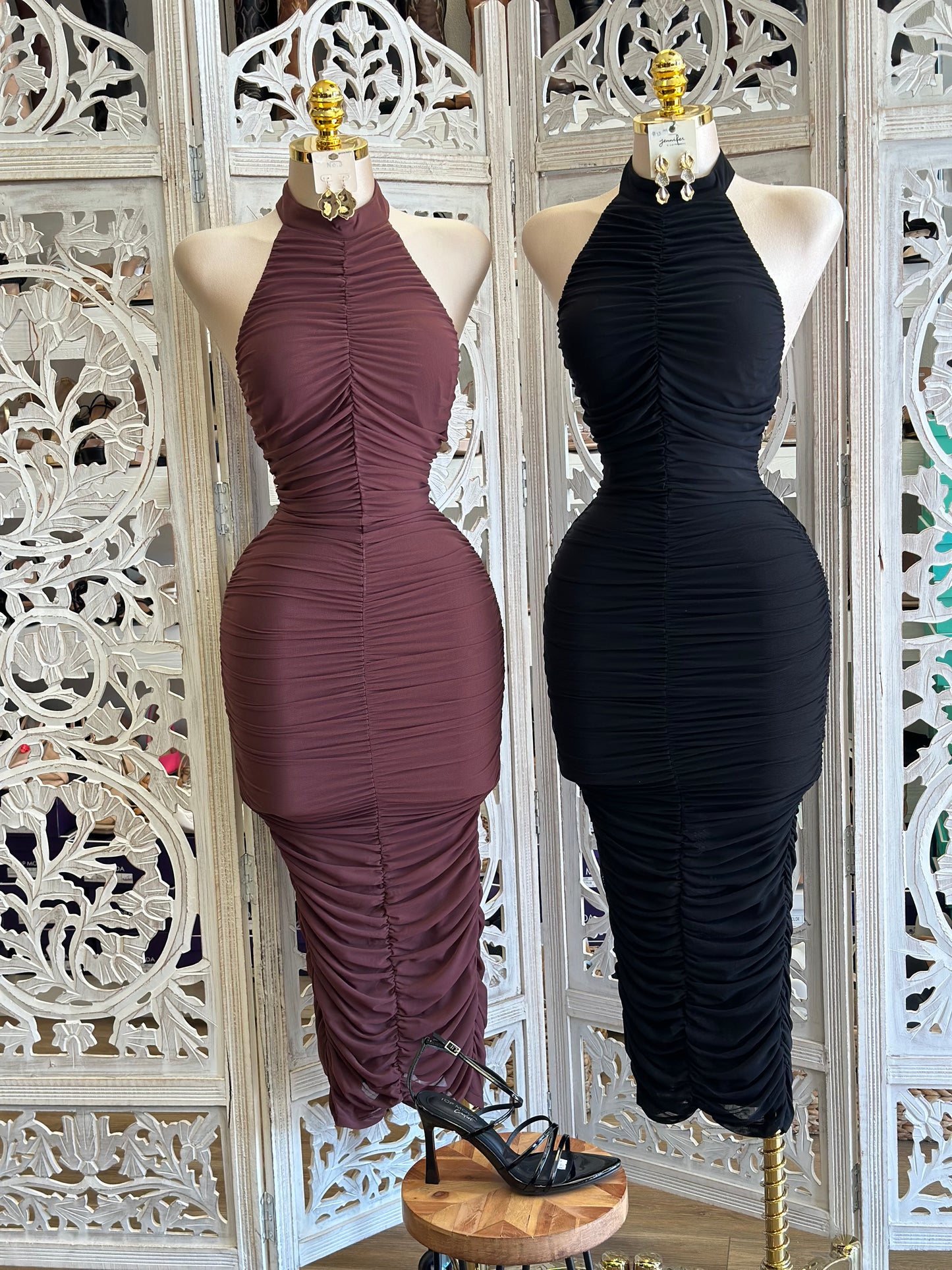 Ruched Open Back High Neck Dress- Stretchy, Estira