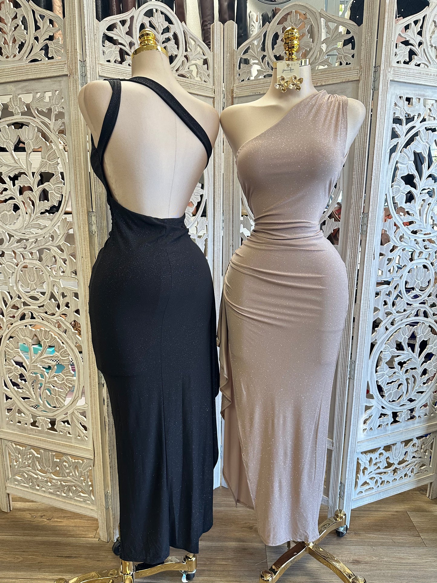 Shimmery Asymmetrical Backless Dress- Stretchy,Estira