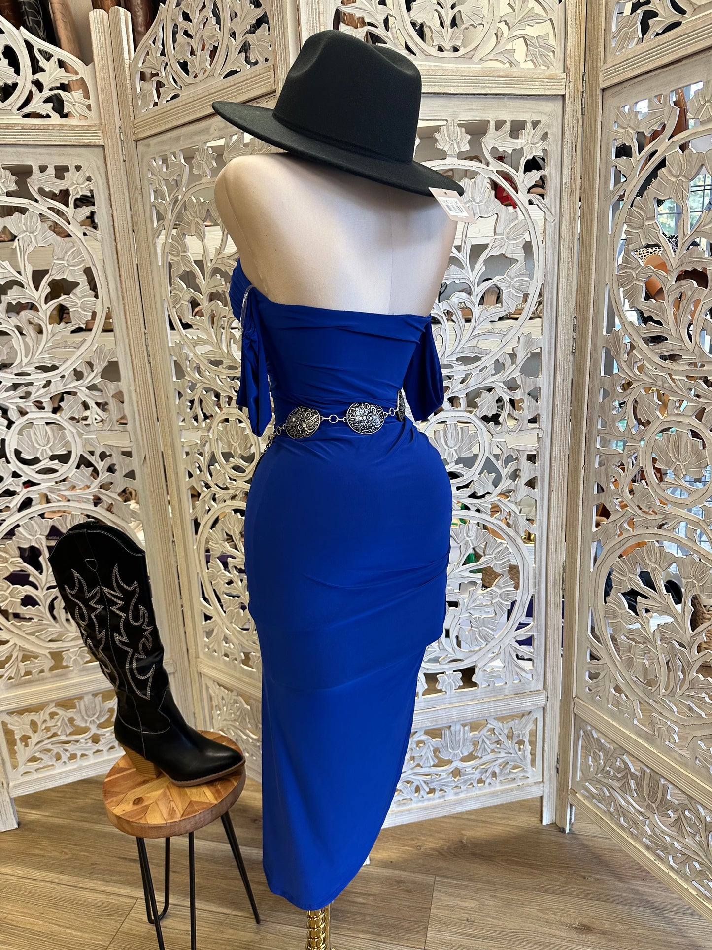 Royal Blue Off Shoulder Midi Slit Dress - Estira, Stretchy