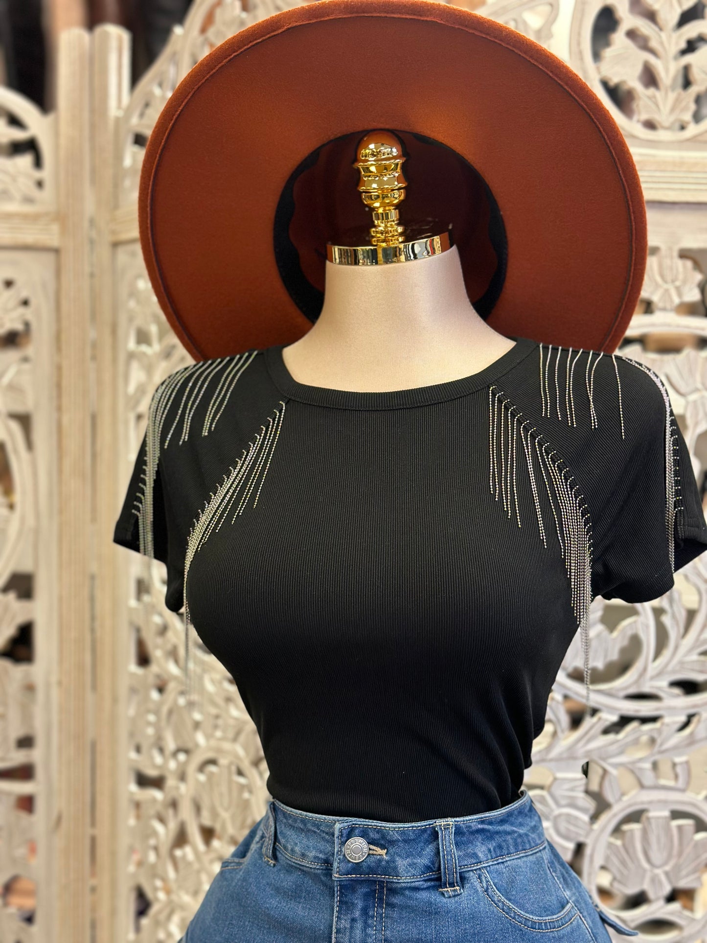 Rhinestone Fringe Black Tee- Stretchy, Estira