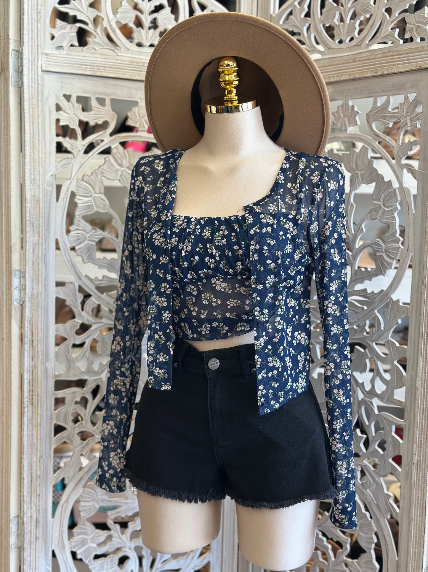 Deep Blue Floral Sweater and Blouse - Estira, Stretchy