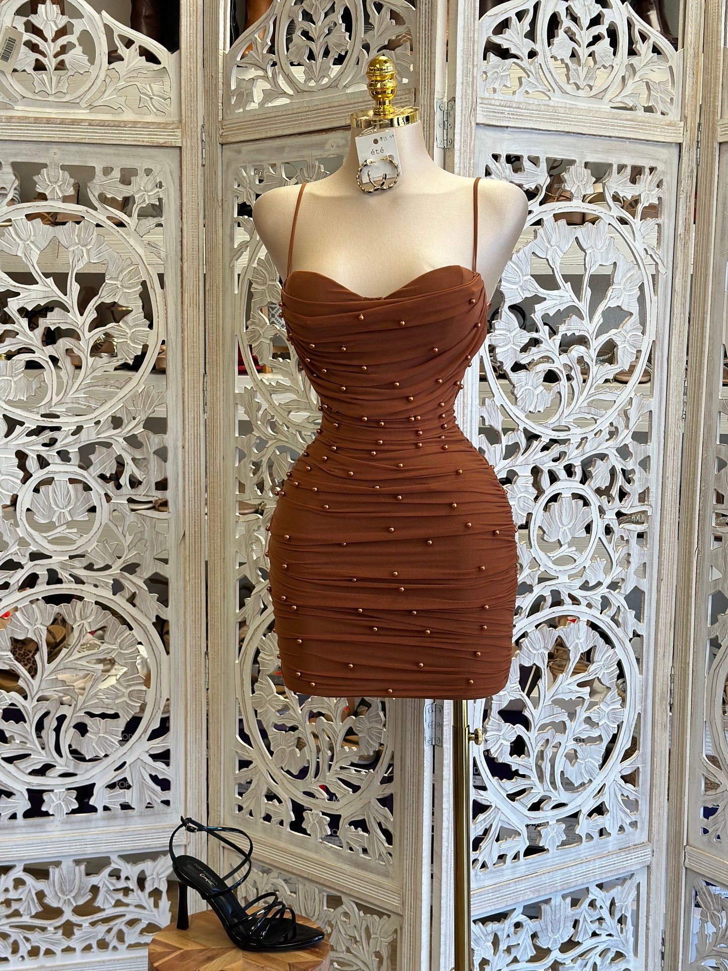 Cinnamon Pearl Cami Mini Dress- Stretchy, Estira
