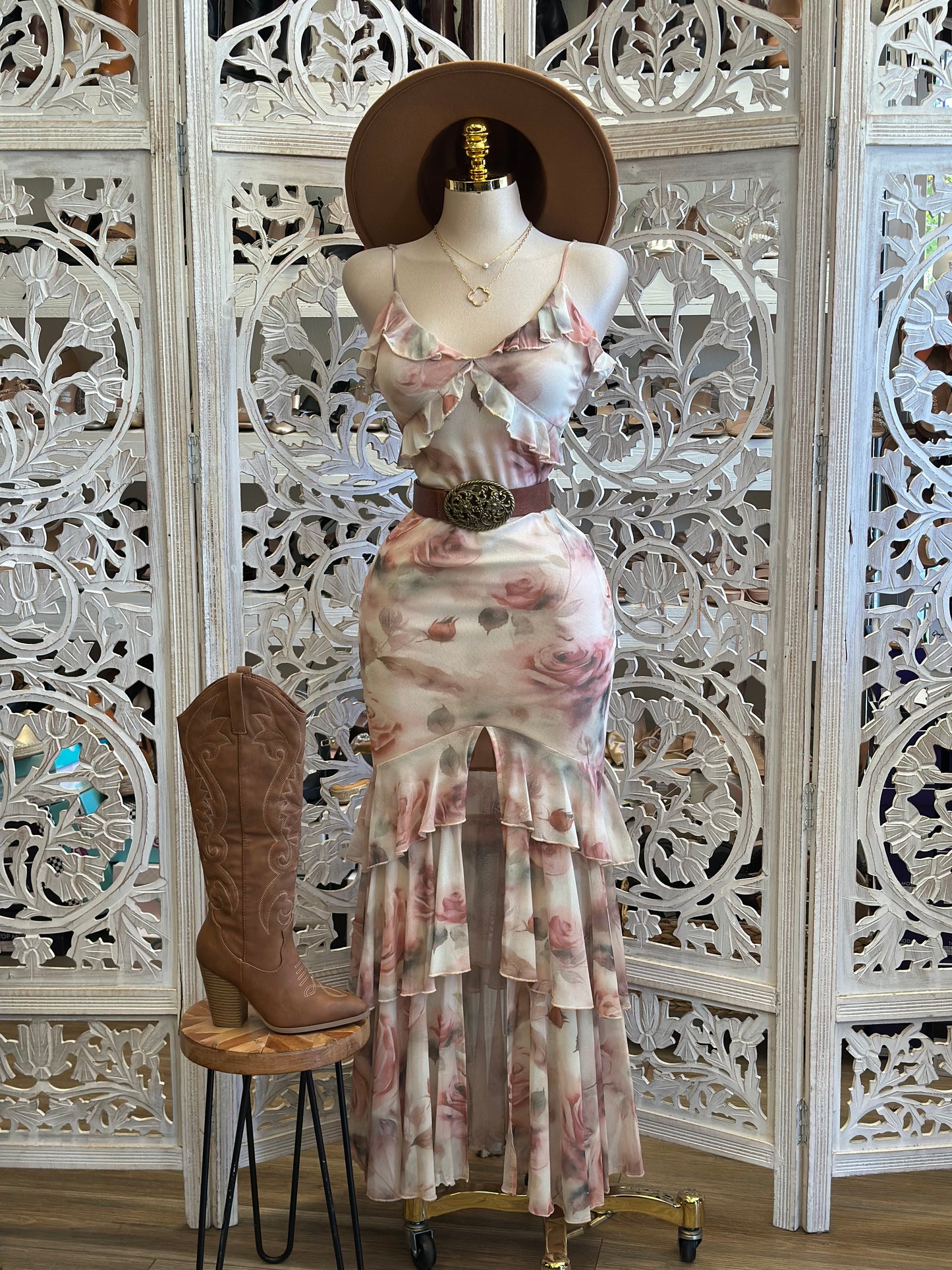 Layered Ruffle Blush Rose Dress - Estira, Stretchy