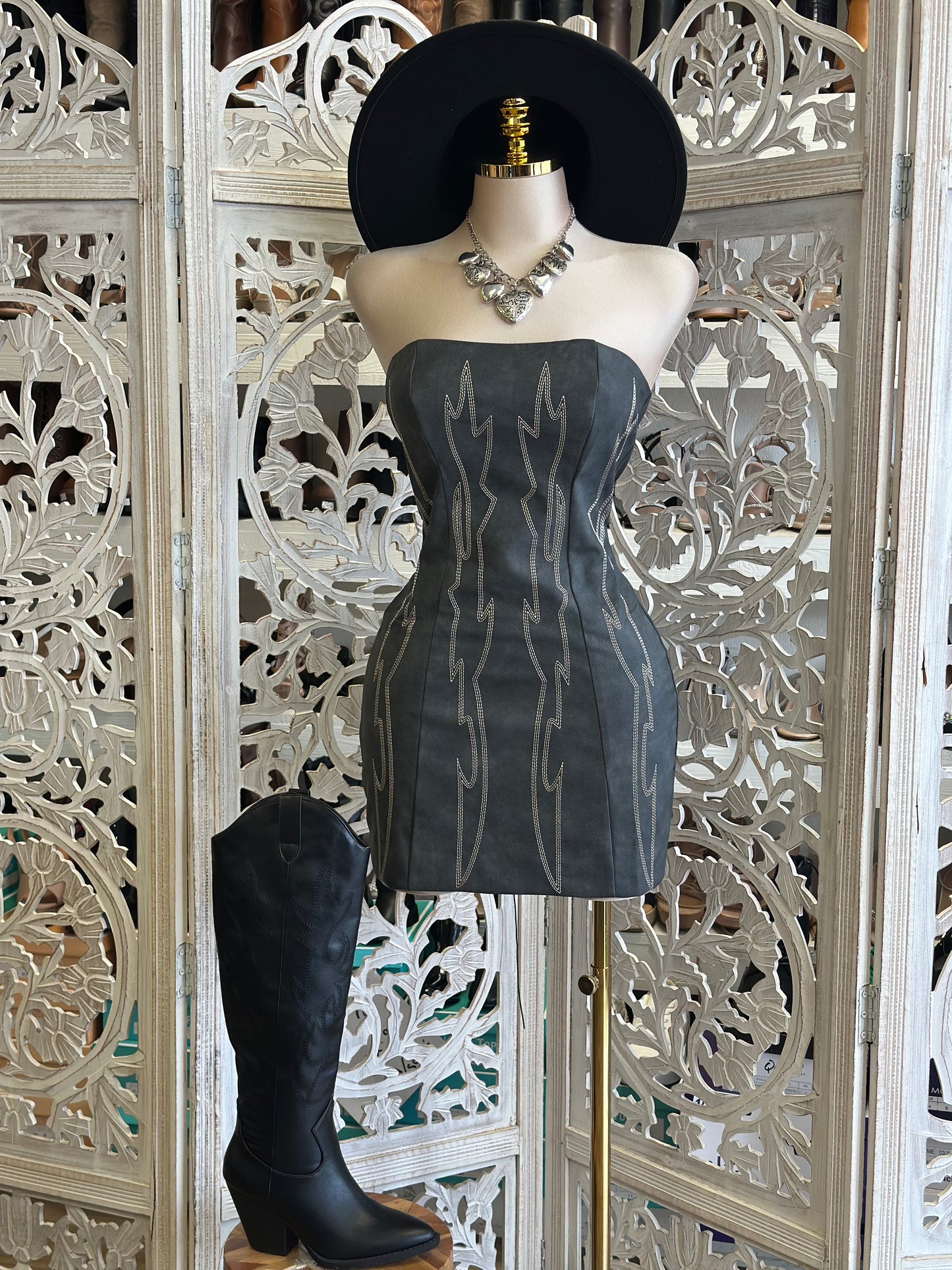 Faux Leather Western Mini Dress- Not Stretchy,No Estira