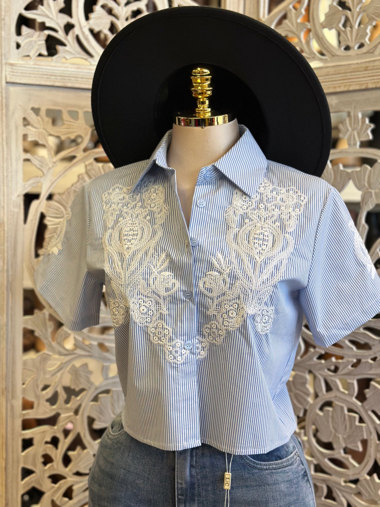 Striped Lace Button Blouse- Estira, Stretchy
