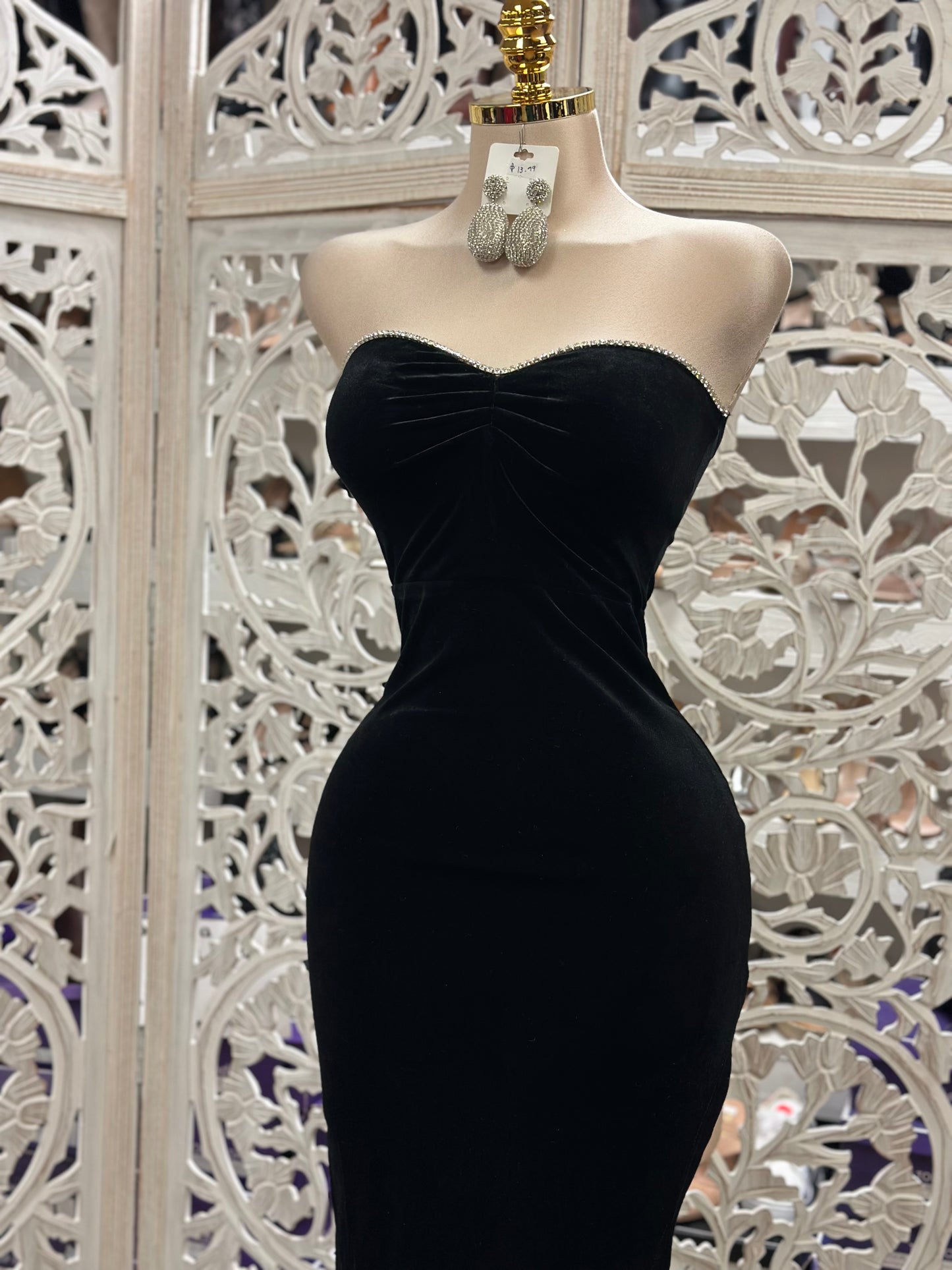 Black Velvet Rhinestone Lined Formal Dress- Stretchy,Estira