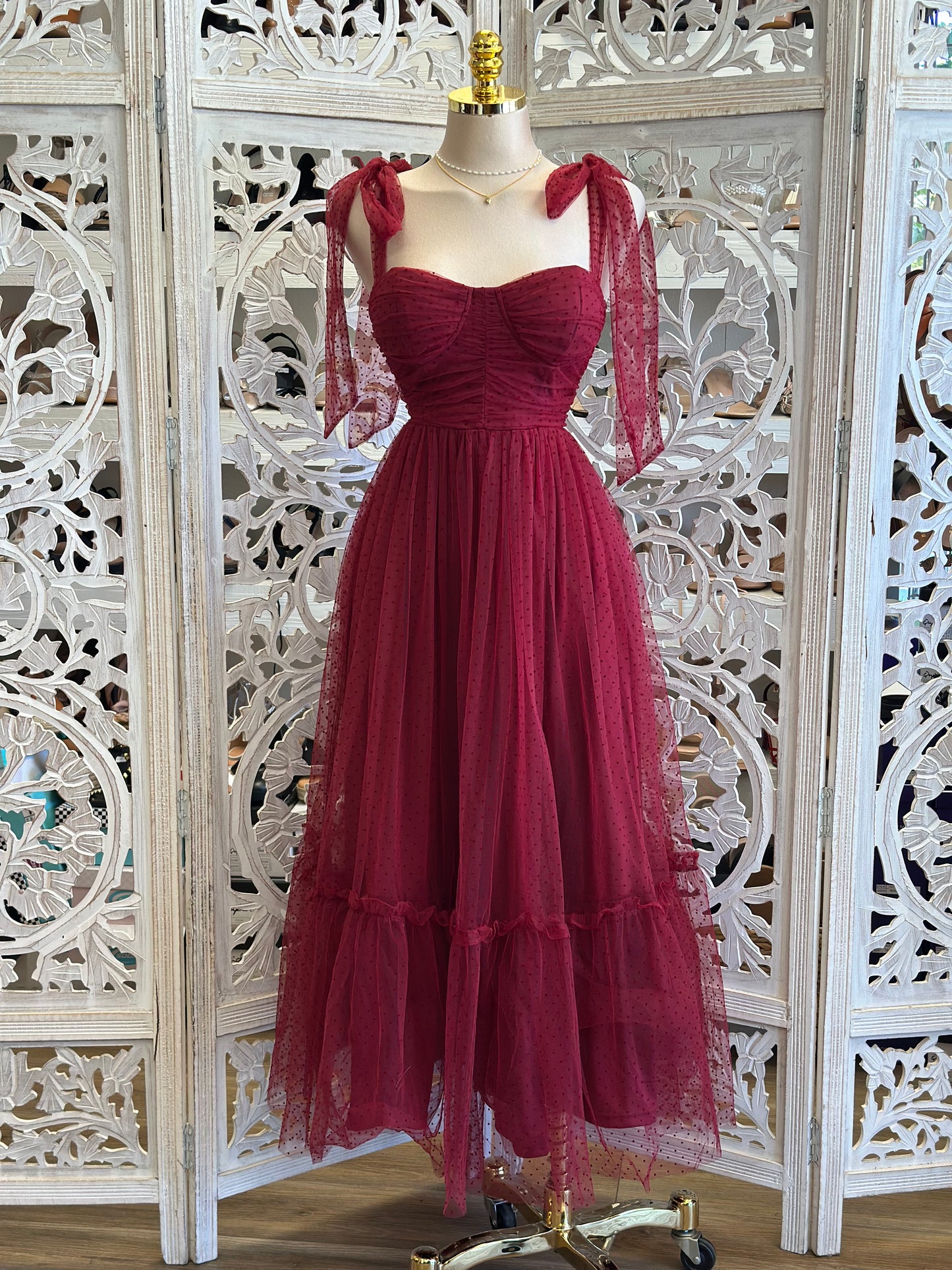 Burgundy Tulle Ribbon Strap Midi Dress - Estira, Stretchy