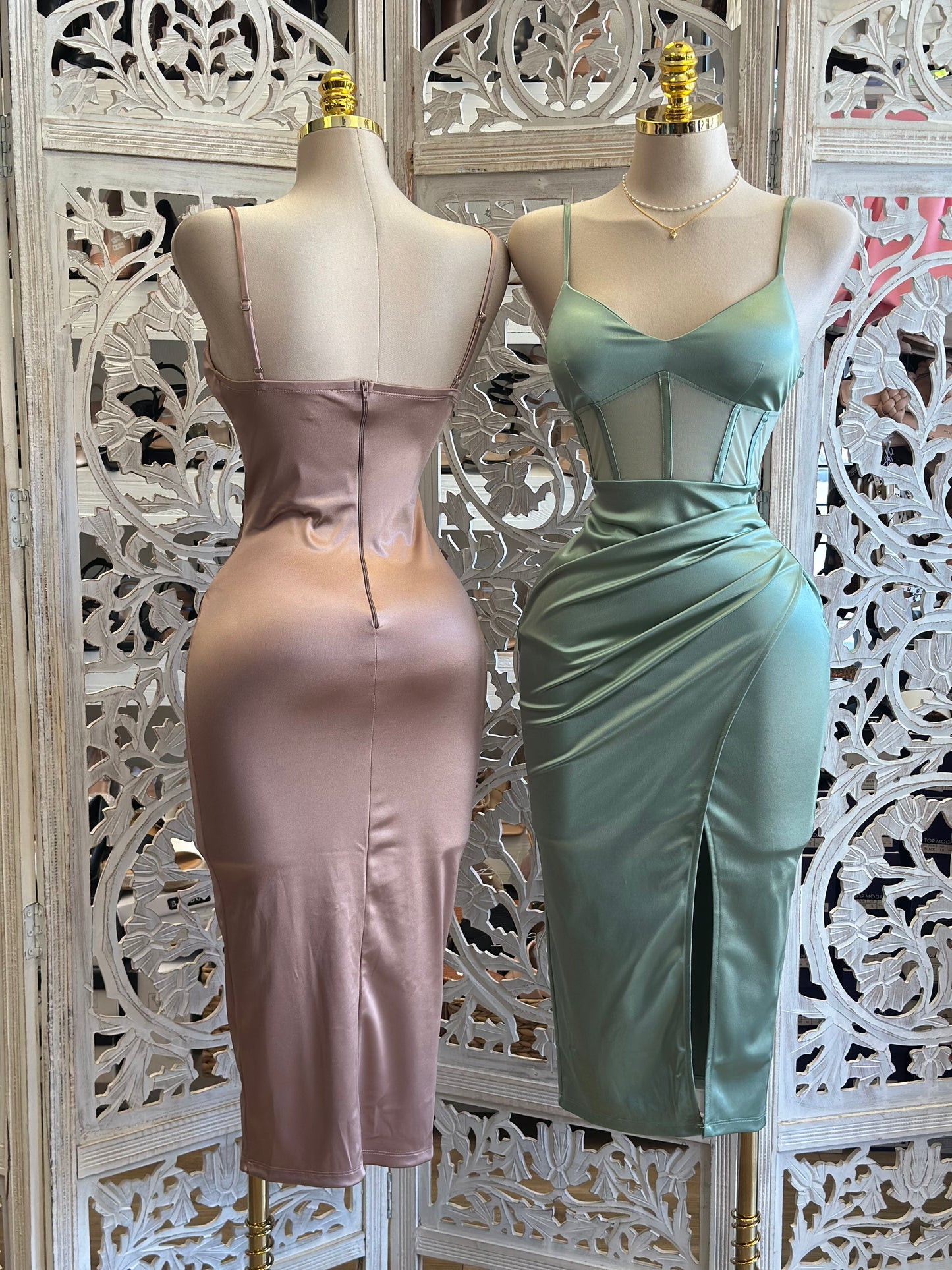 Mesh Corset Slit Midi Dress- Stretchy, Estira
