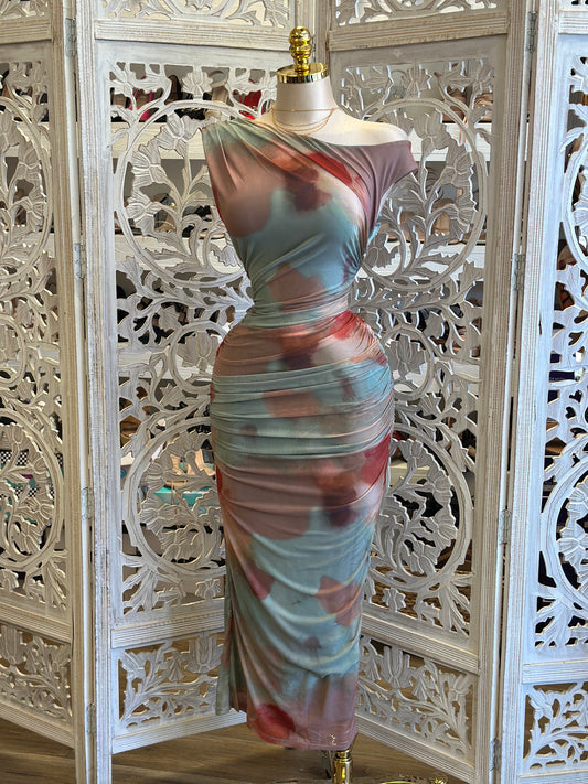 Pattern Asymmetrical Ruched Dress- Stretchy, Estira