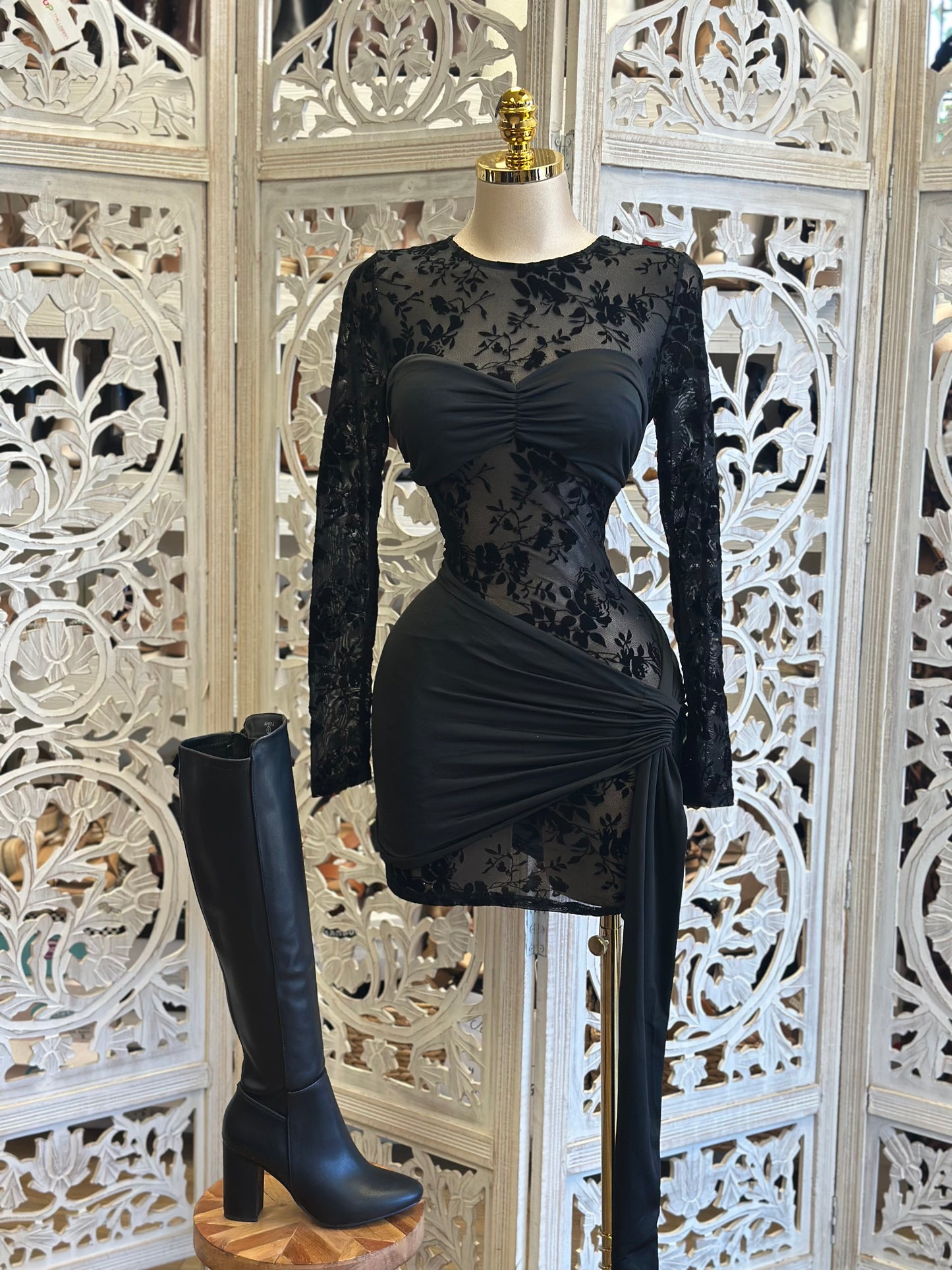 Mesh Floral Black Mini Dress- Stretchy,Estira