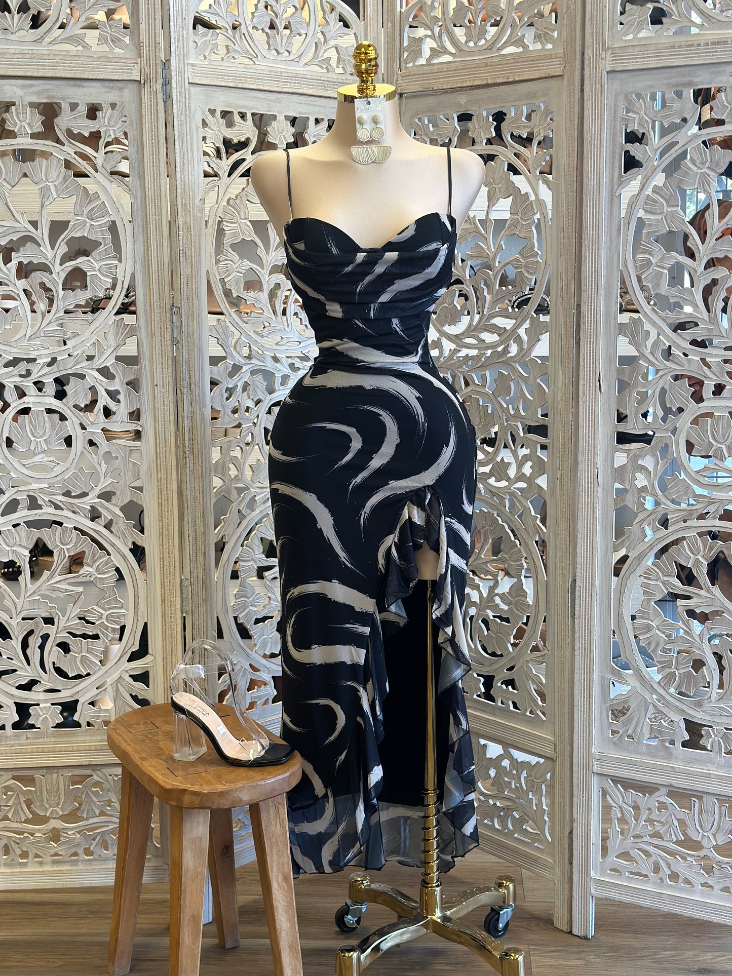 Black Marble Ruffle Dress-Estira, Stretchy
