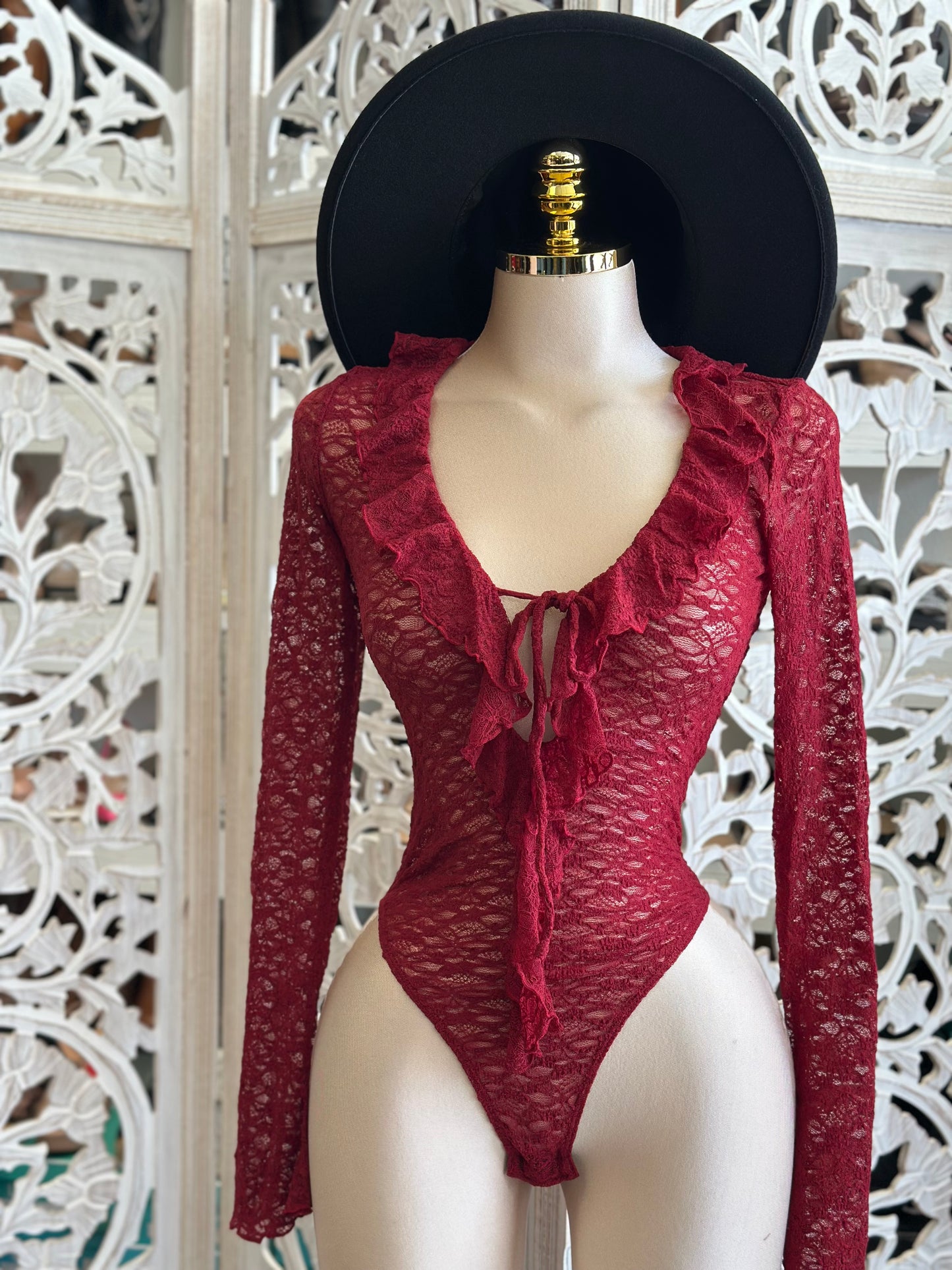 Deep Red Lace Fringe Bodysuit- Estira, Stretchy