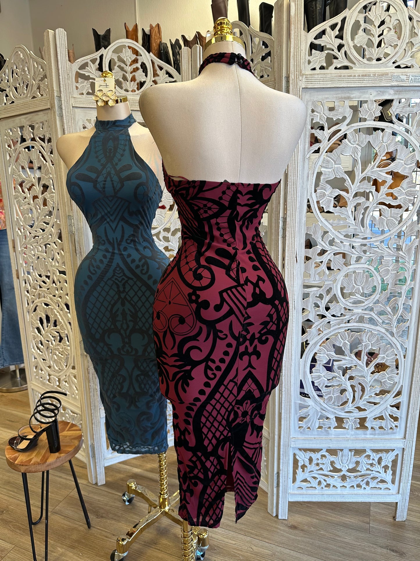 Halter Neck Velvet Pattern Dress- Estira, Stretchy