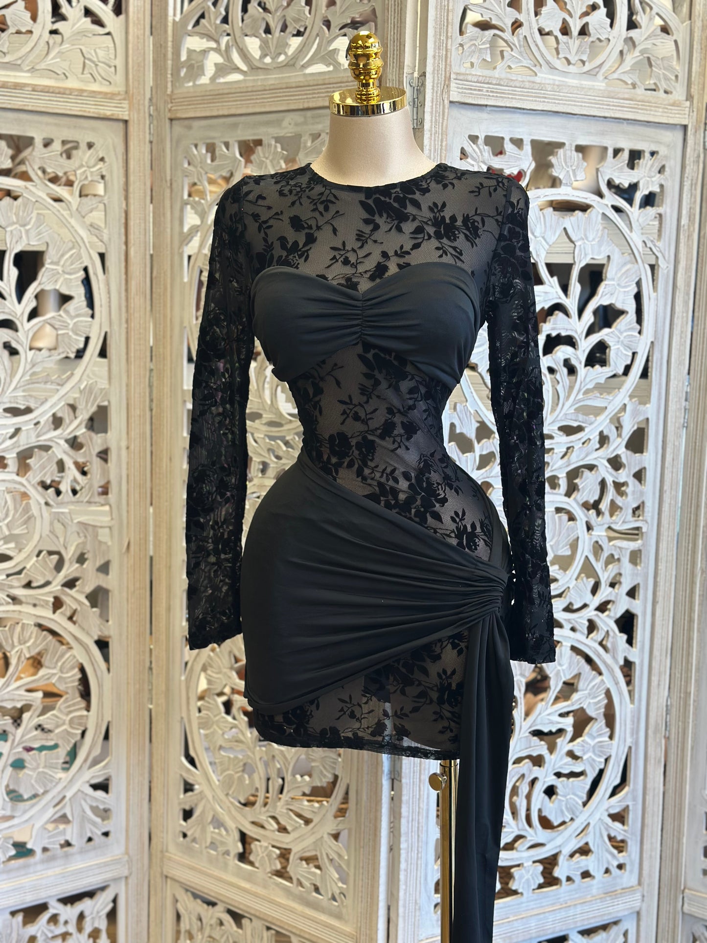 Mesh Floral Black Mini Dress- Stretchy,Estira