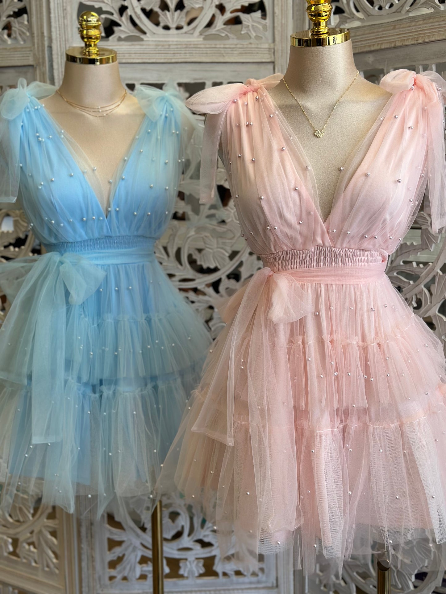 Pearl Embellished Tulle Mini Dress- Stretchy ,Estira
