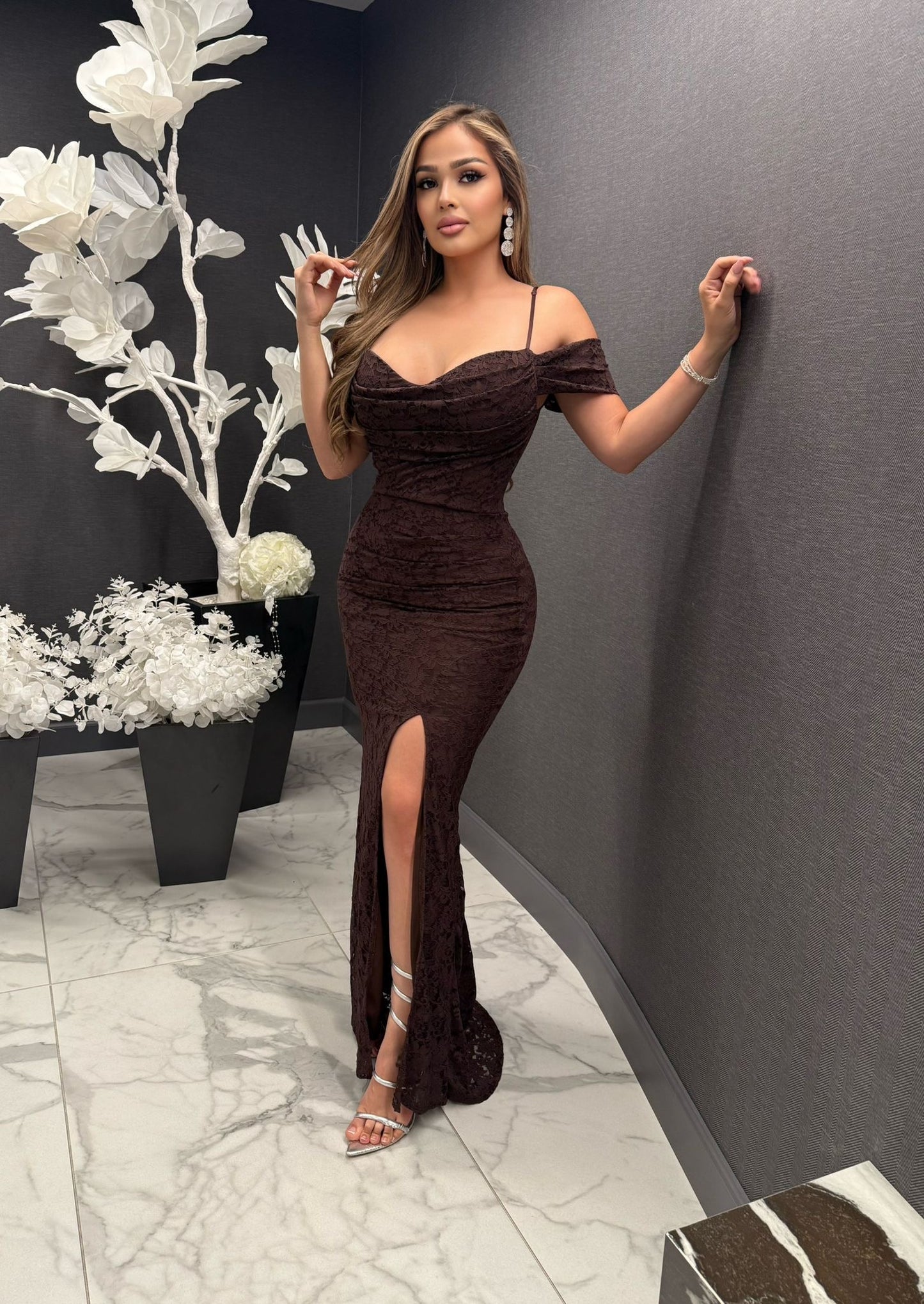 Off Shoulder Earth Tone Floral Dress- Stretchy, Estira
