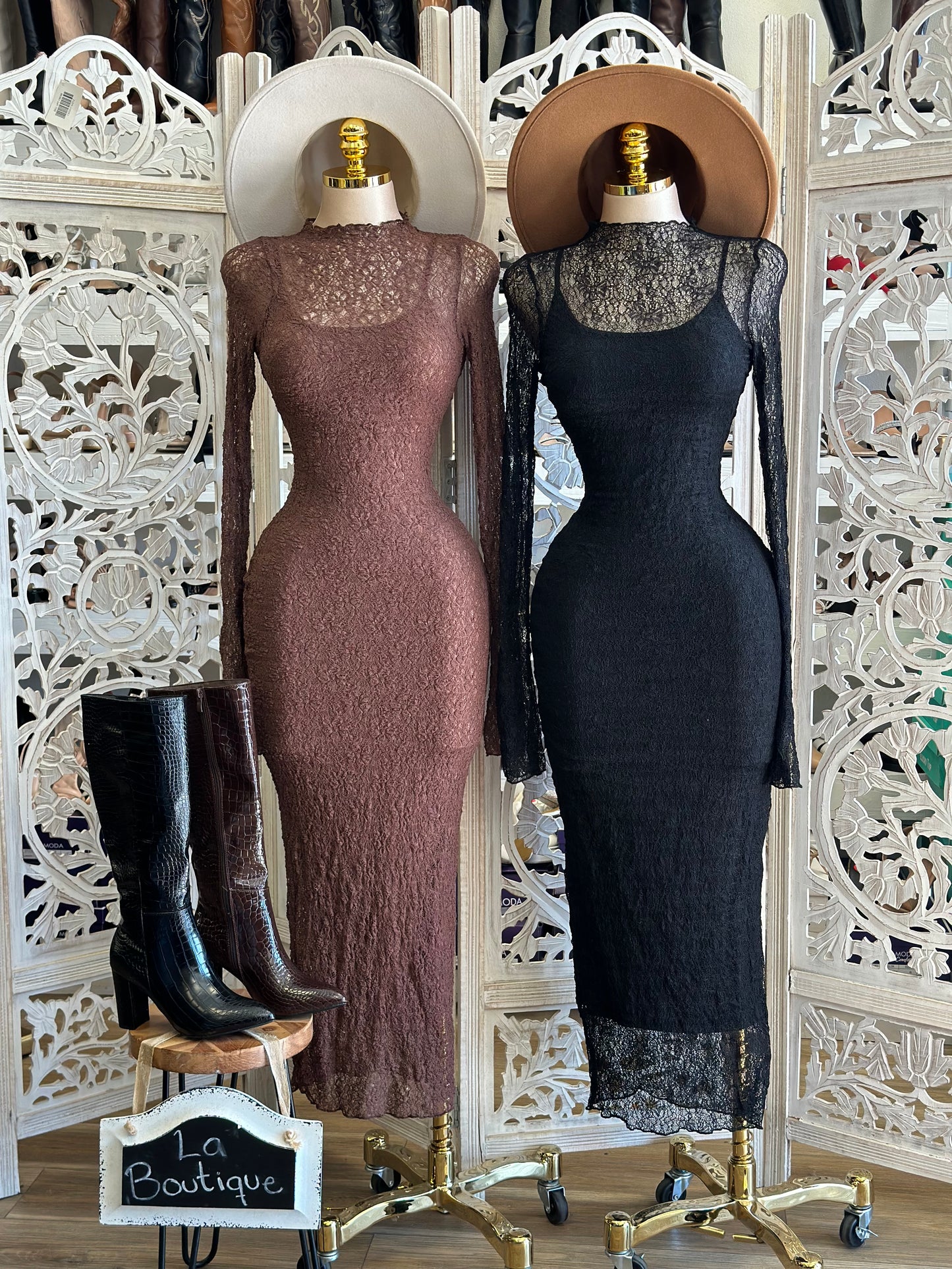Lace Maxi Long Sleeve Dress- Stretchy,Estira