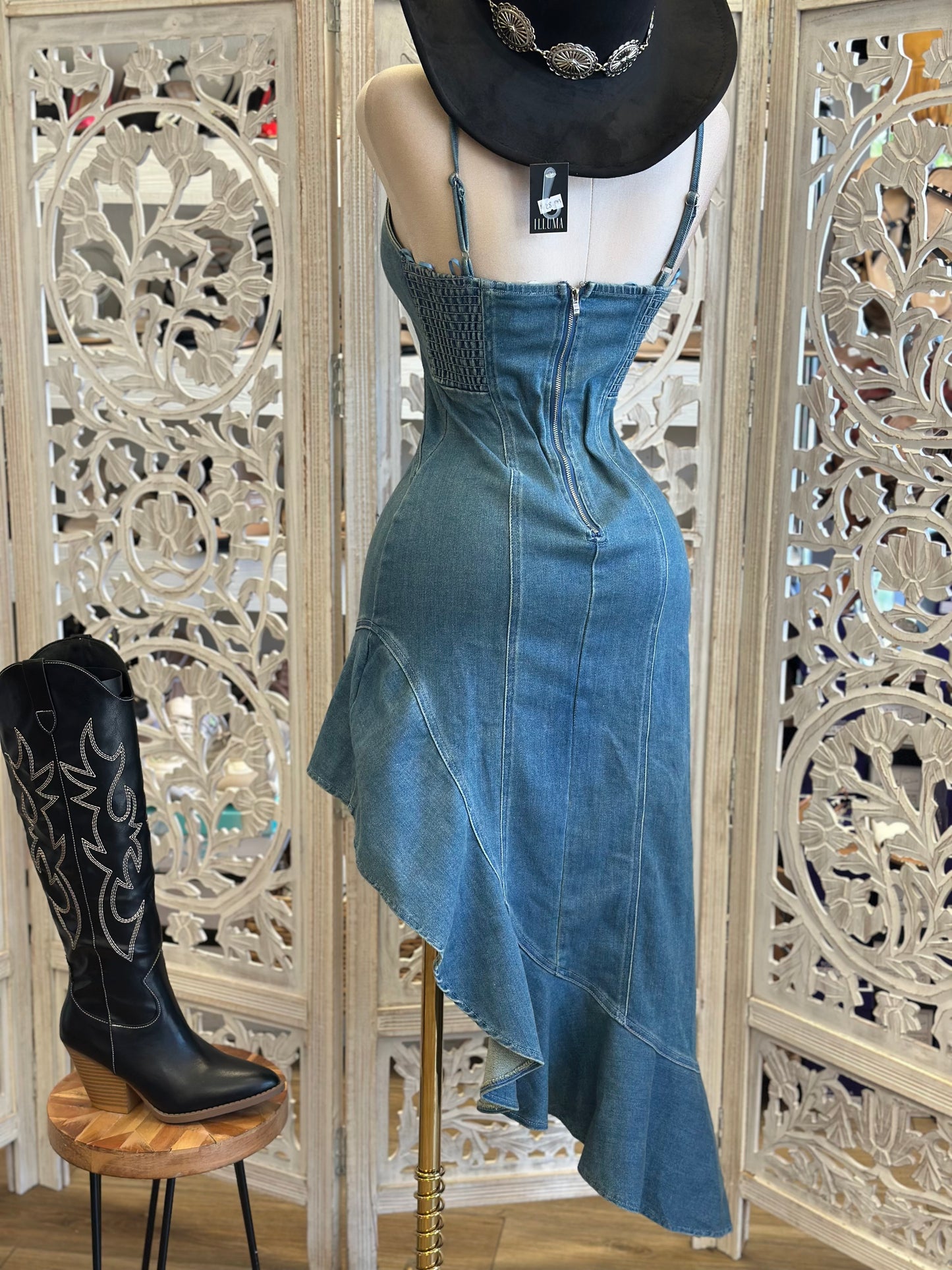 High Low Denim Strappy Dress-Estira, Stretchy