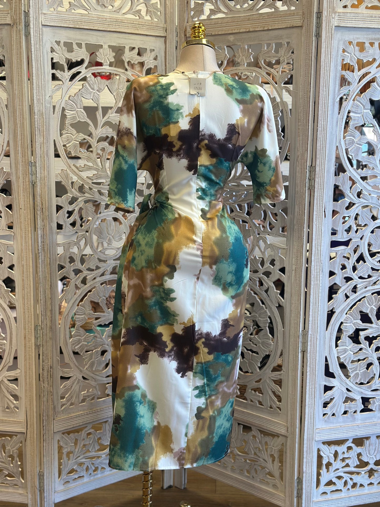 Wrapped Teal and Blue Midi Dress-No Estira, Not Stretchy