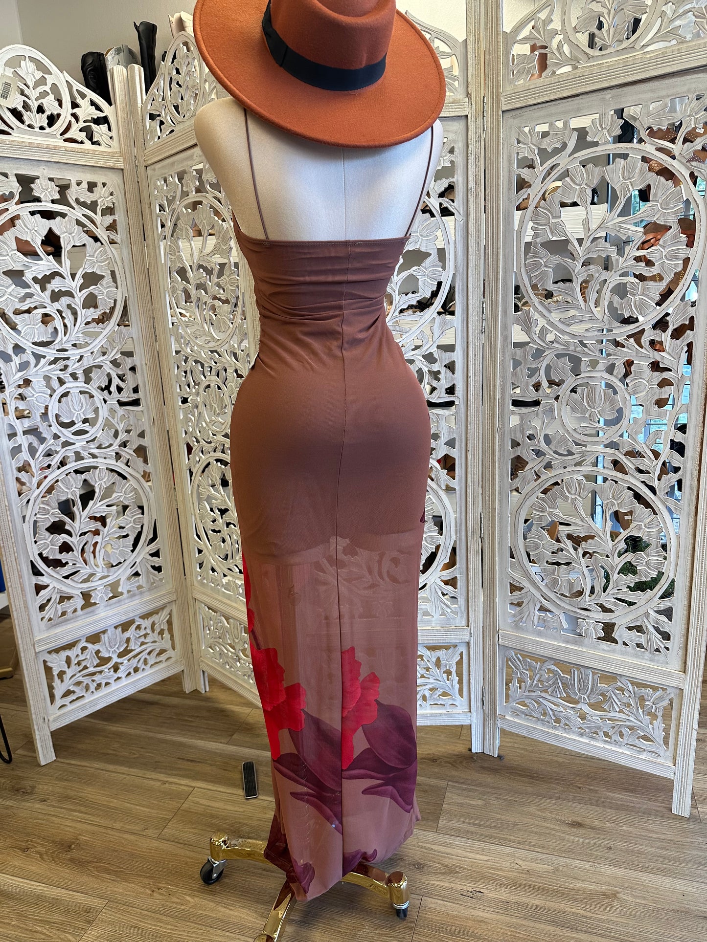 Thin Strap Rust Cutout Ruffle Dress - Estira, Stretchy