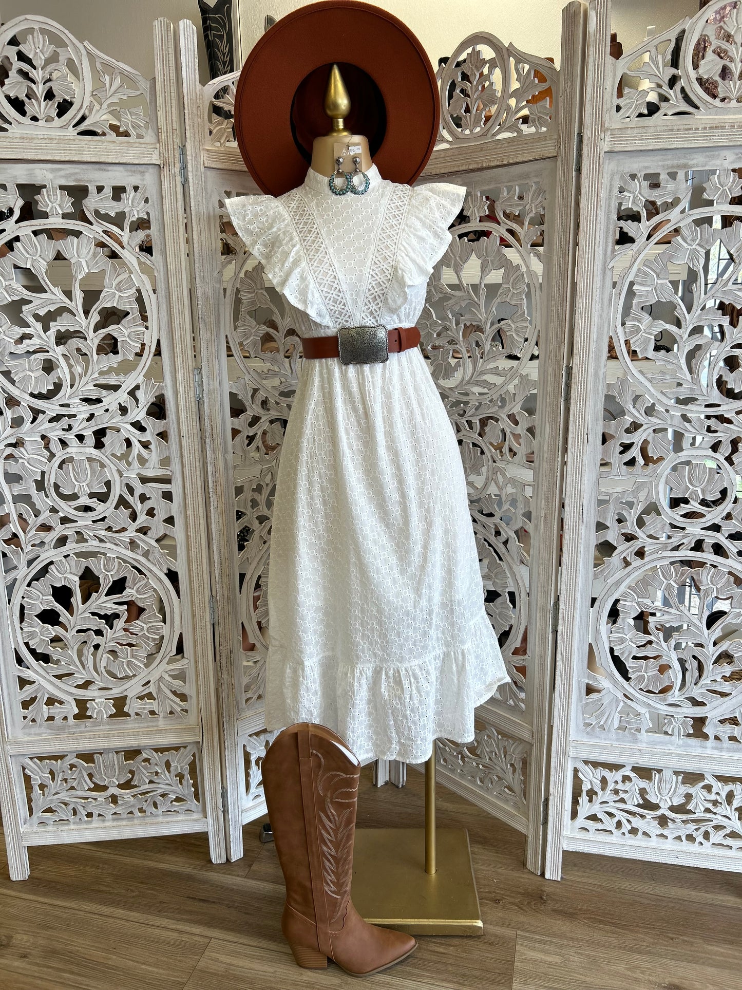 Eyelet Ruffle Midi Dress- Not Stretchy