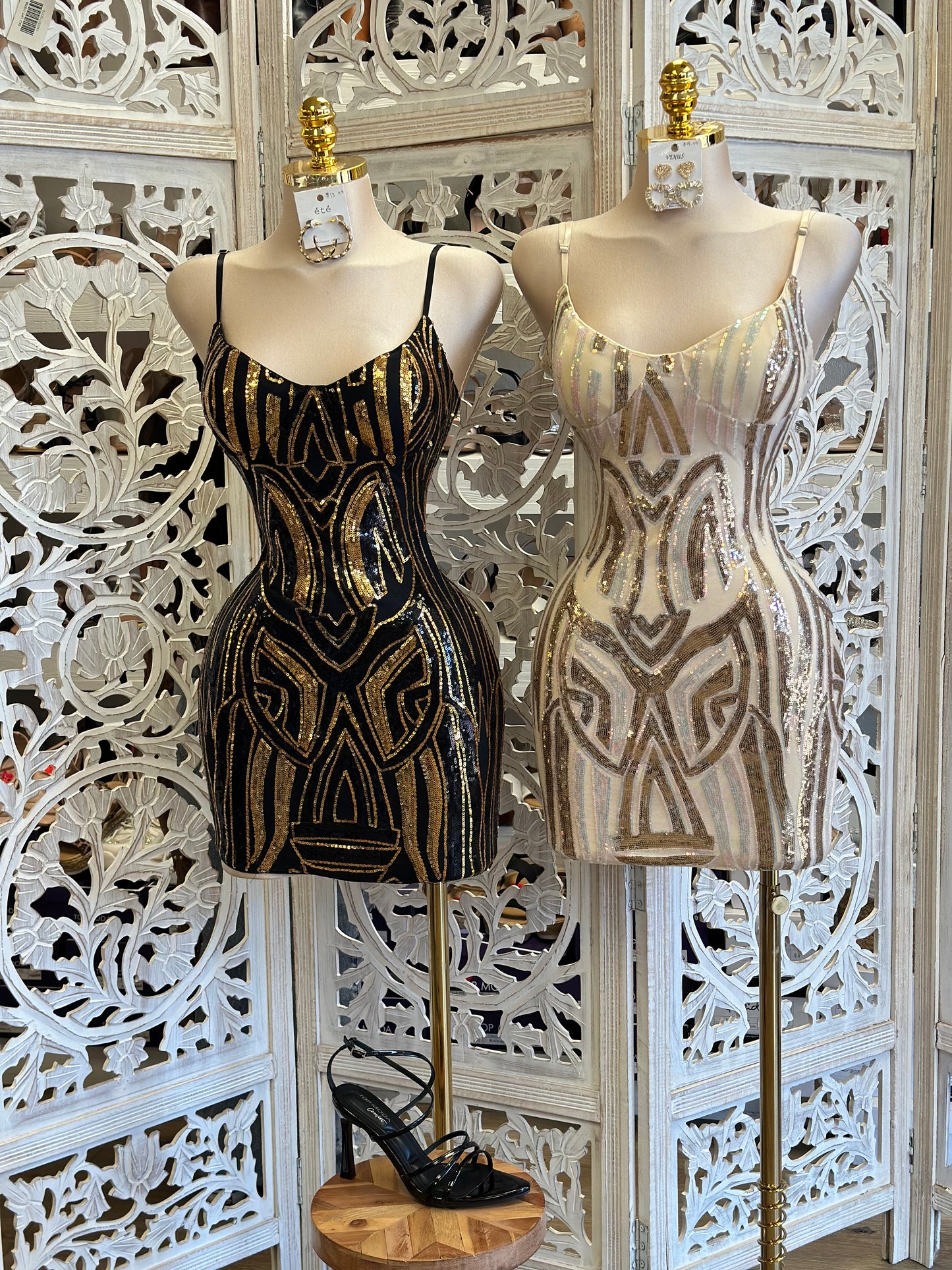 Sequin Pattern Cami Mini Dress- Stretchy, Estira