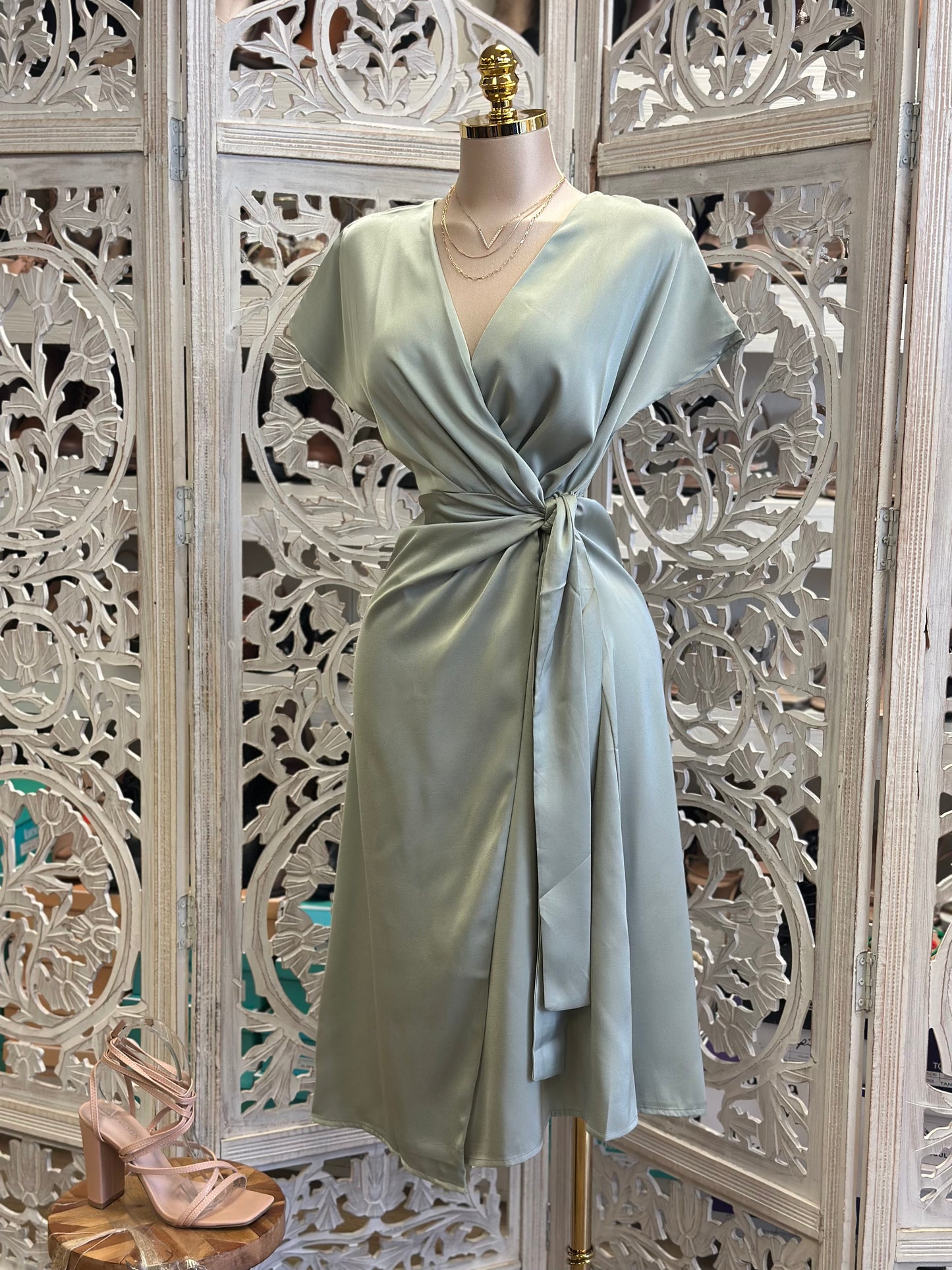 Satin Wrapped Midi Dress- Stretchy,Estira