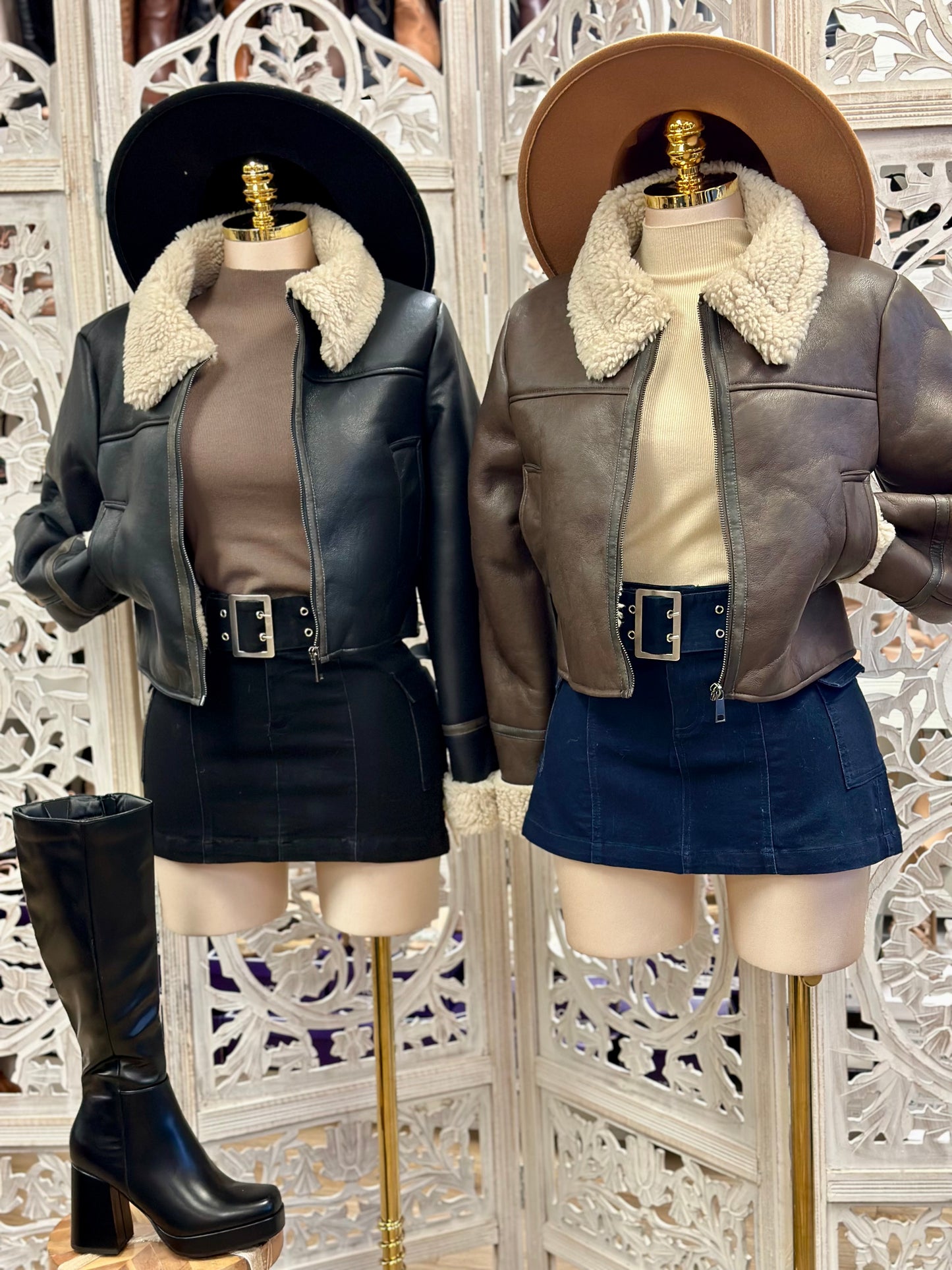 Faux Leather Sherpa Collared Jacket