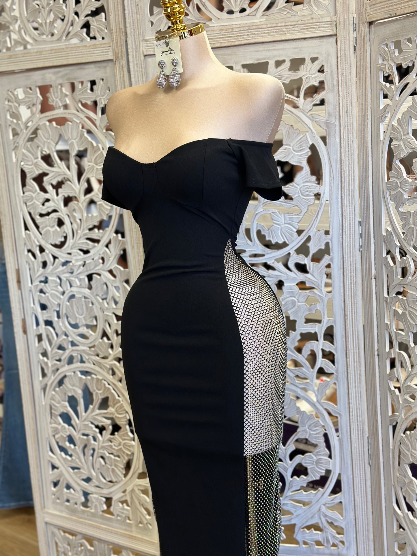 Fishnet Rhinestone Heartline Dress- Stretchy, Estira