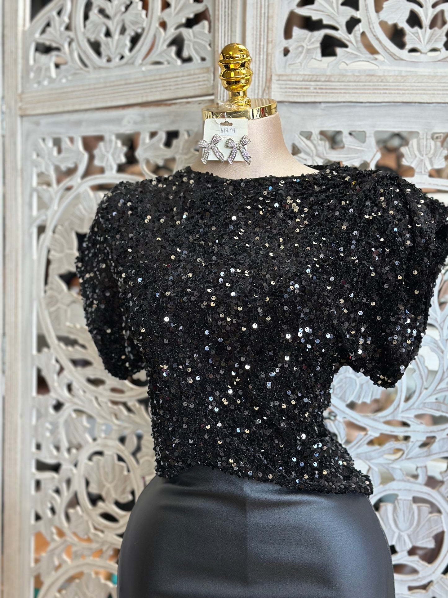 Black Sequin Short Sleeve Blouse- Estira, Stretchy