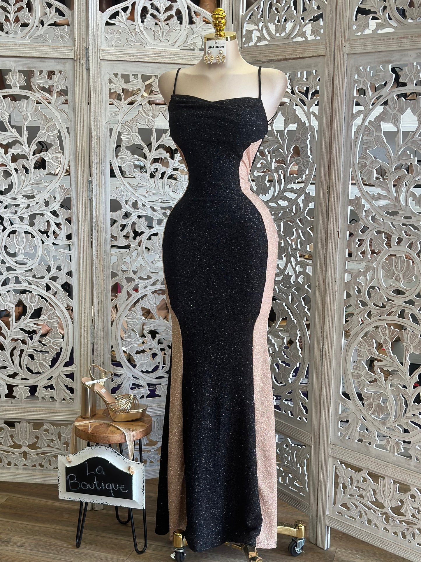 Curvy Lined Glitter Formal Dress- Stretchy,Estira