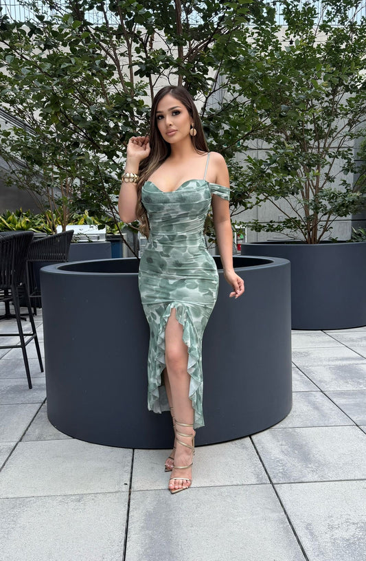 Hazy Brushed Floral Off Shoulder Draped Ruffle Midi Dress-Estira, Stretchy