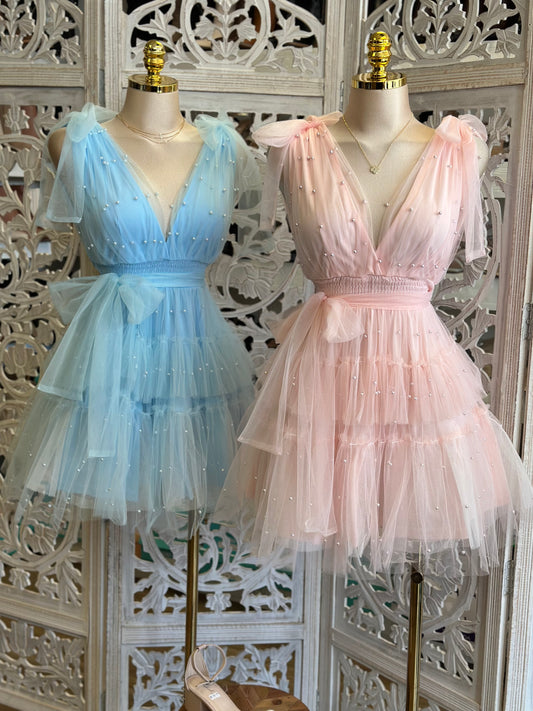 Pearl Embellished Tulle Mini Dress- Stretchy ,Estira