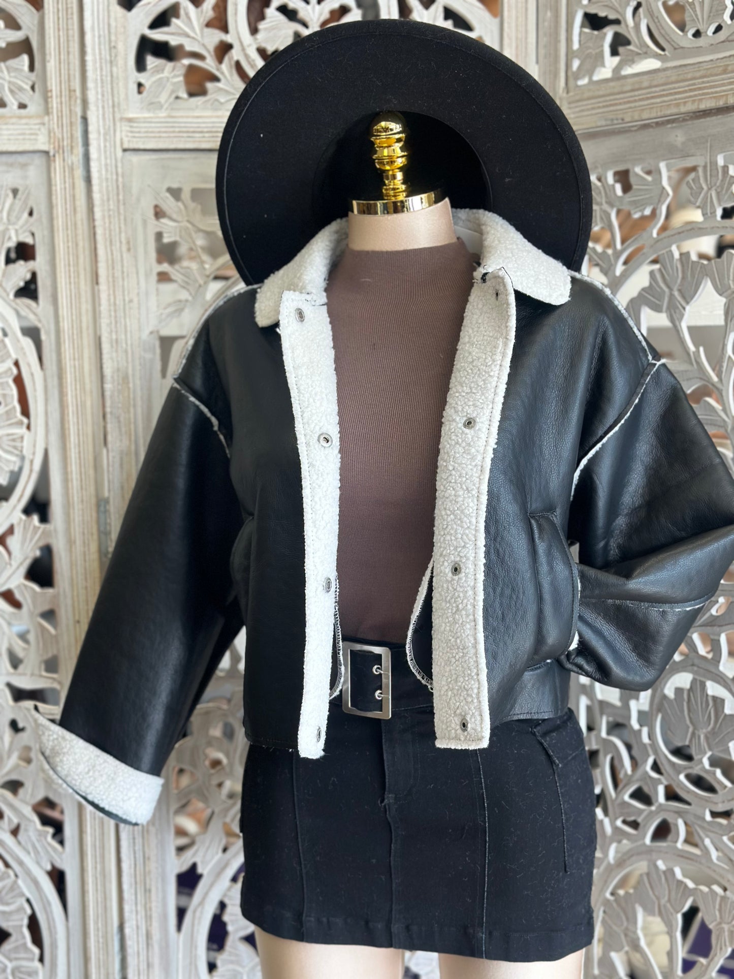 Sherpa Lined Faux Leather Jacket- Stretchy,Estira