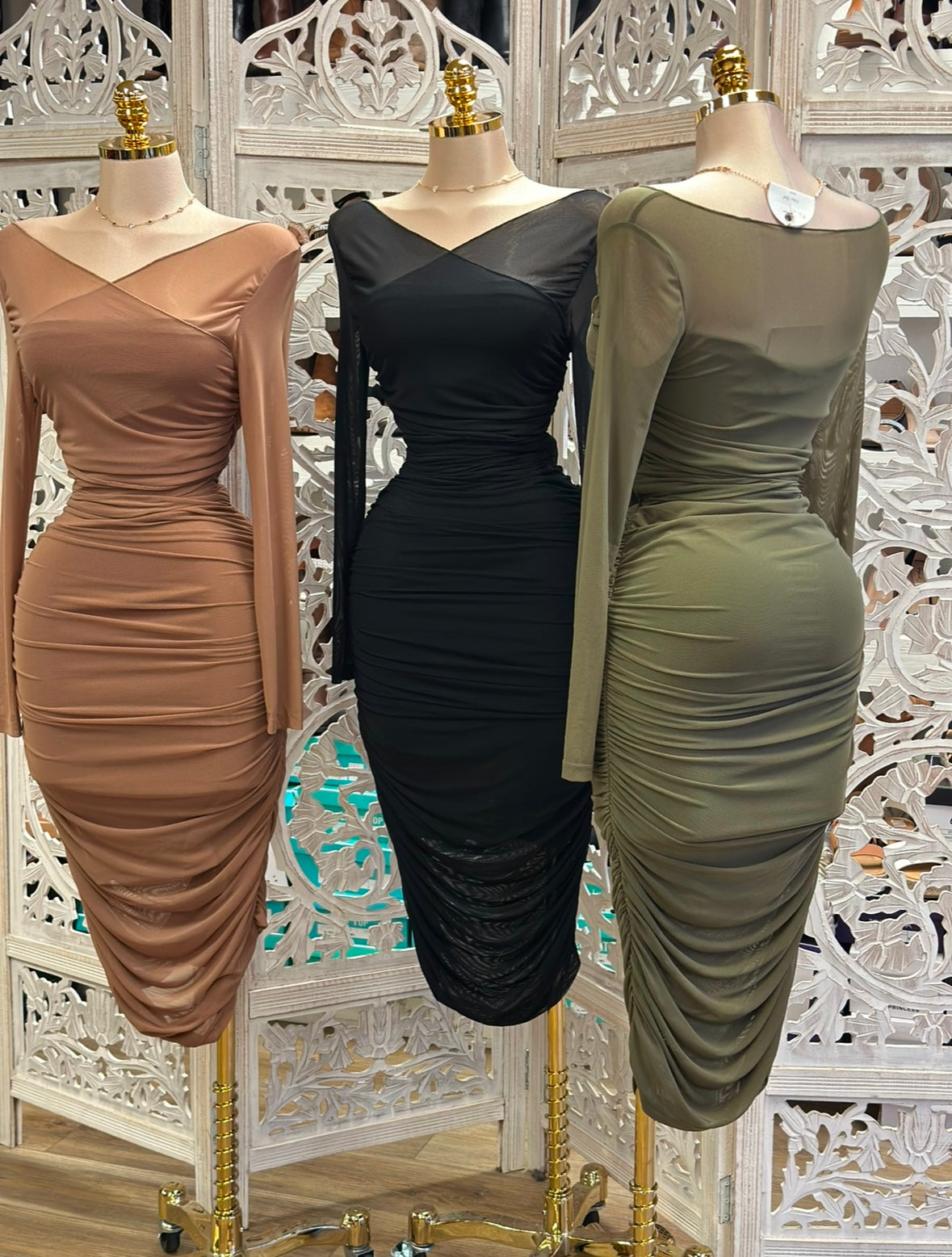 MeshRuched Crossed Dress- Stretchy,Estira