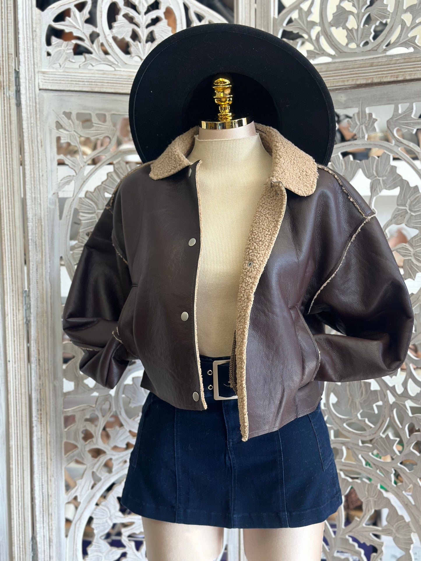 Sherpa Lined Faux Leather Jacket- Stretchy,Estira