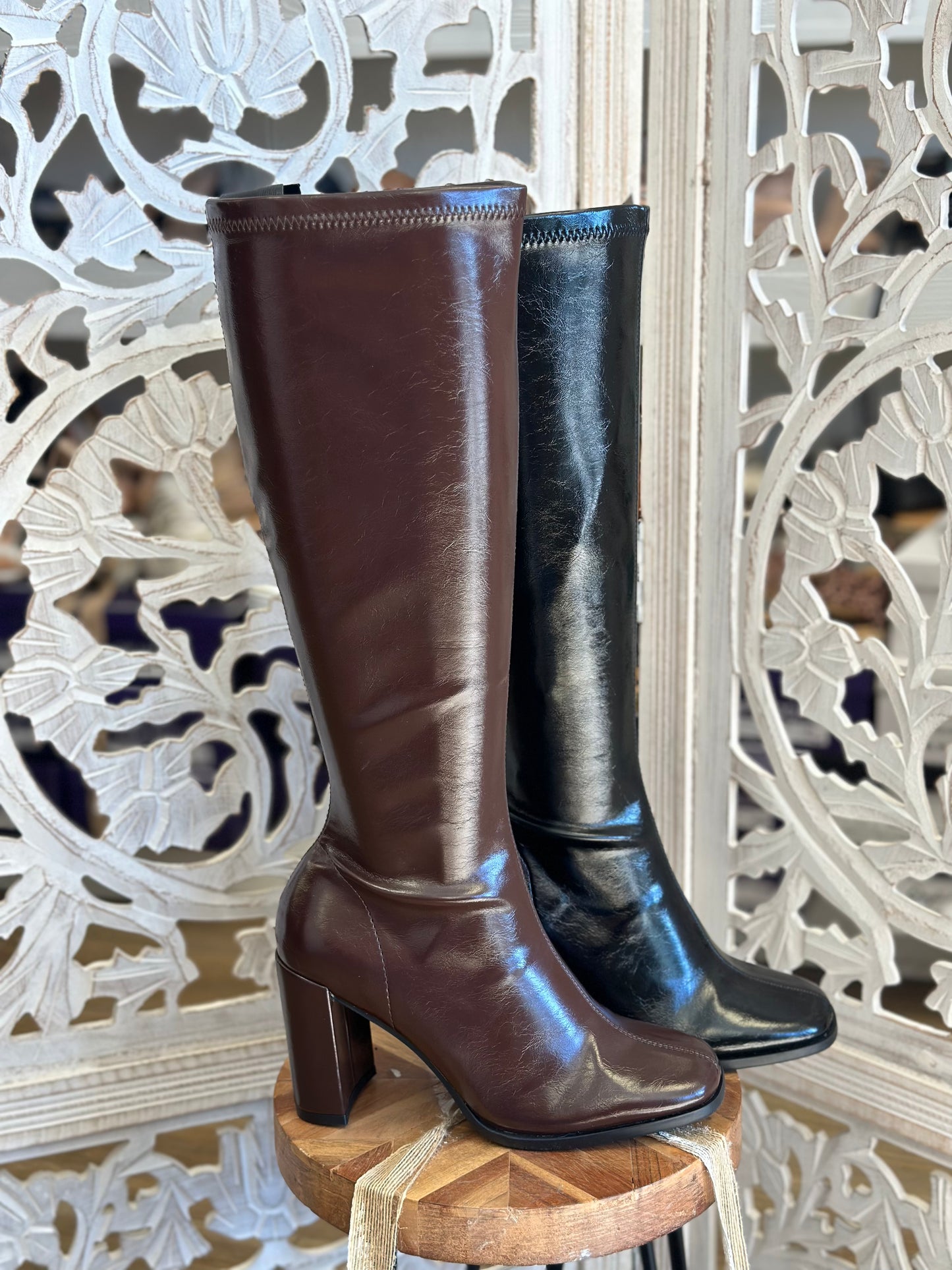 Faux Leather Mid Length Square Toe Boots