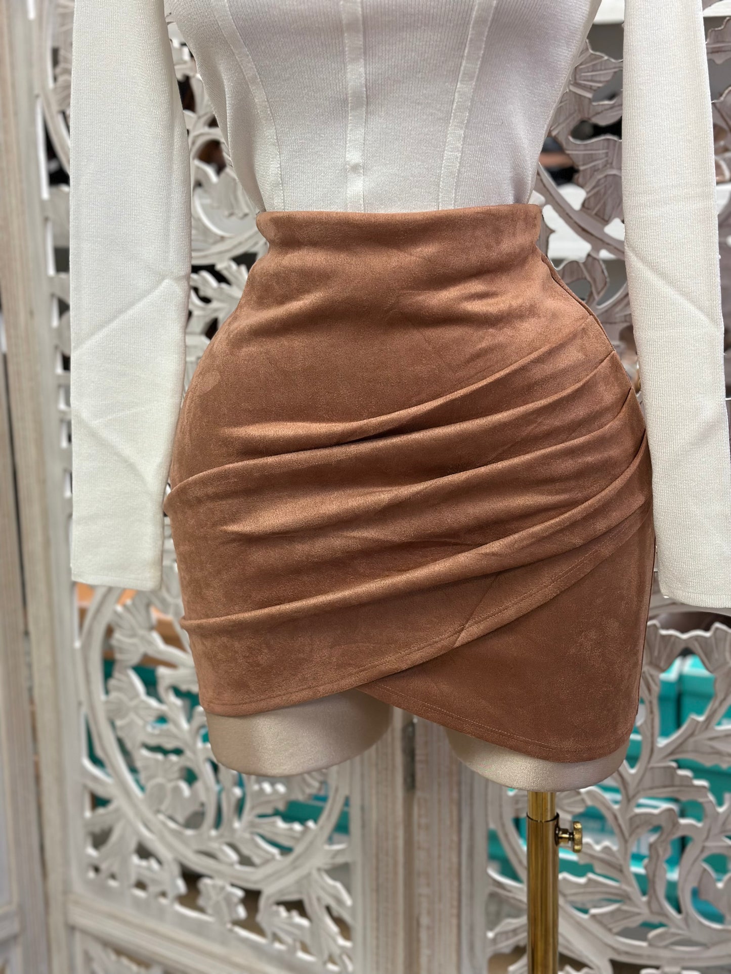 Brown Suede Draped Mini Skirt
