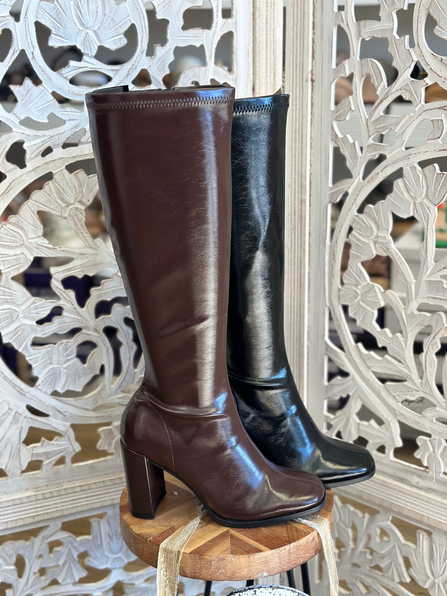 Faux Leather Mid Length Square Toe Boots