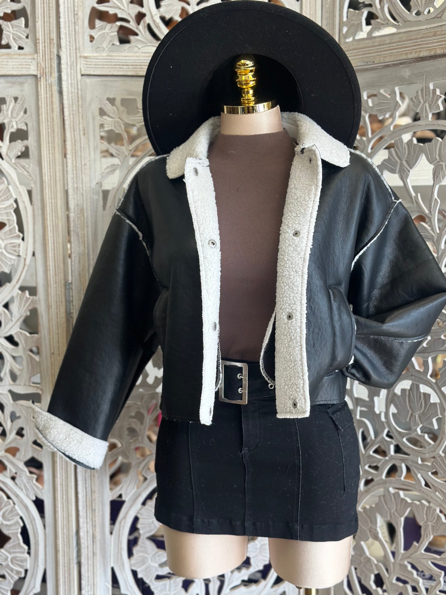 Sherpa Lined Faux Leather Jacket- Stretchy,Estira