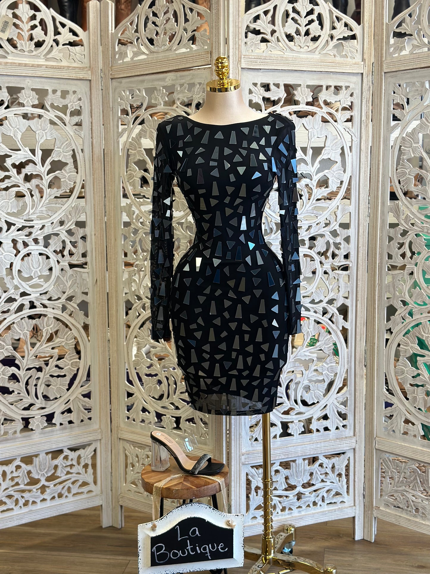 Black Scoop Neck Triangle Sequin Dress- Stretchy, Estira