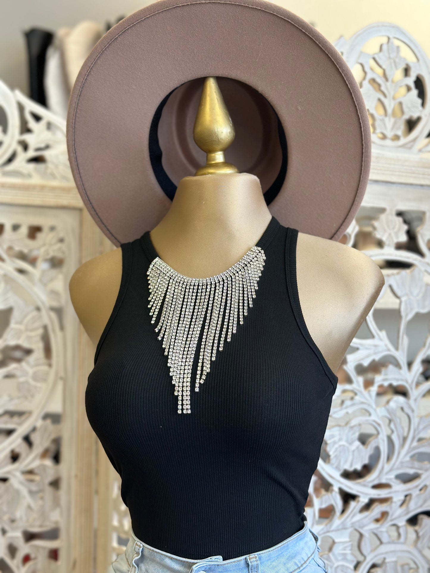 Black Fringe Ribbed Tank - Stretchy