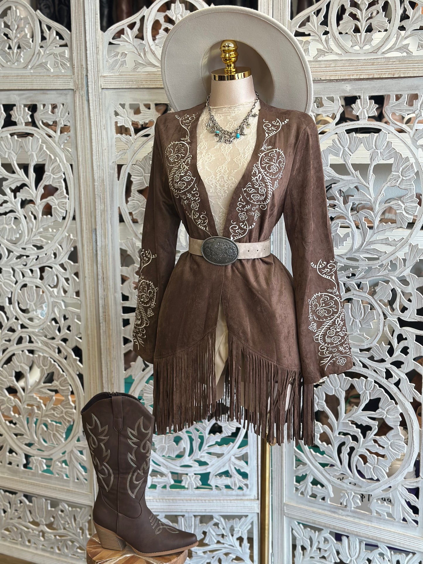 Suede Embroidered Fringe Cardigan - Stretchy, Estira