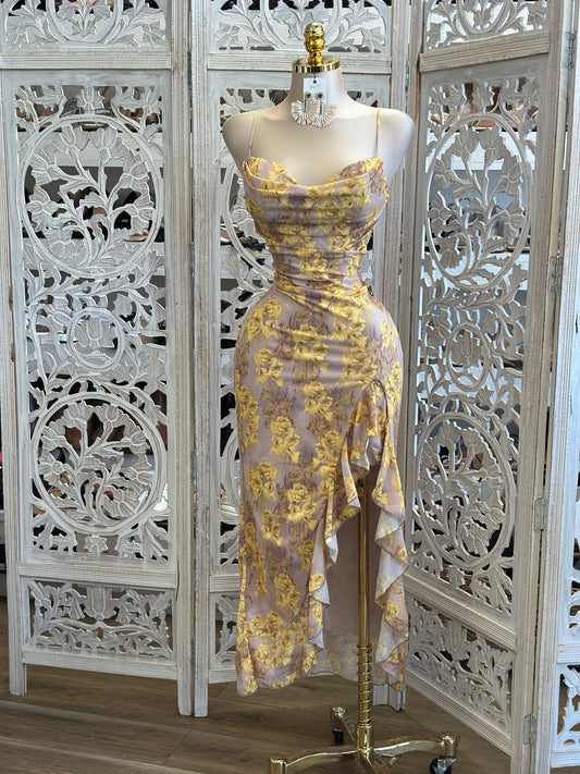 Cowl Neck Ruffle Midi Dress- Stretchy, Estira