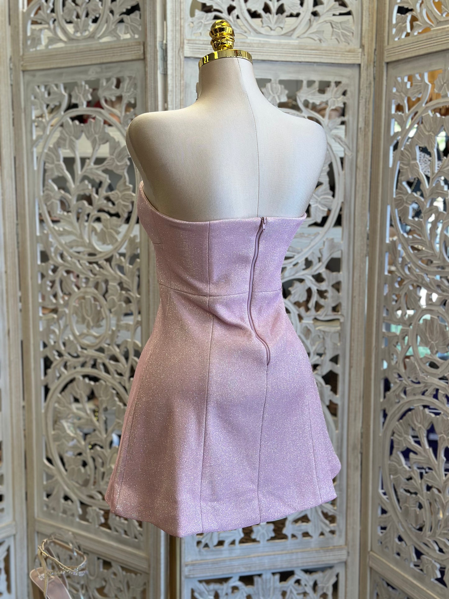 Mauve Strapless Ribbon Mini Dress-Estira, Stretchy Estira poco